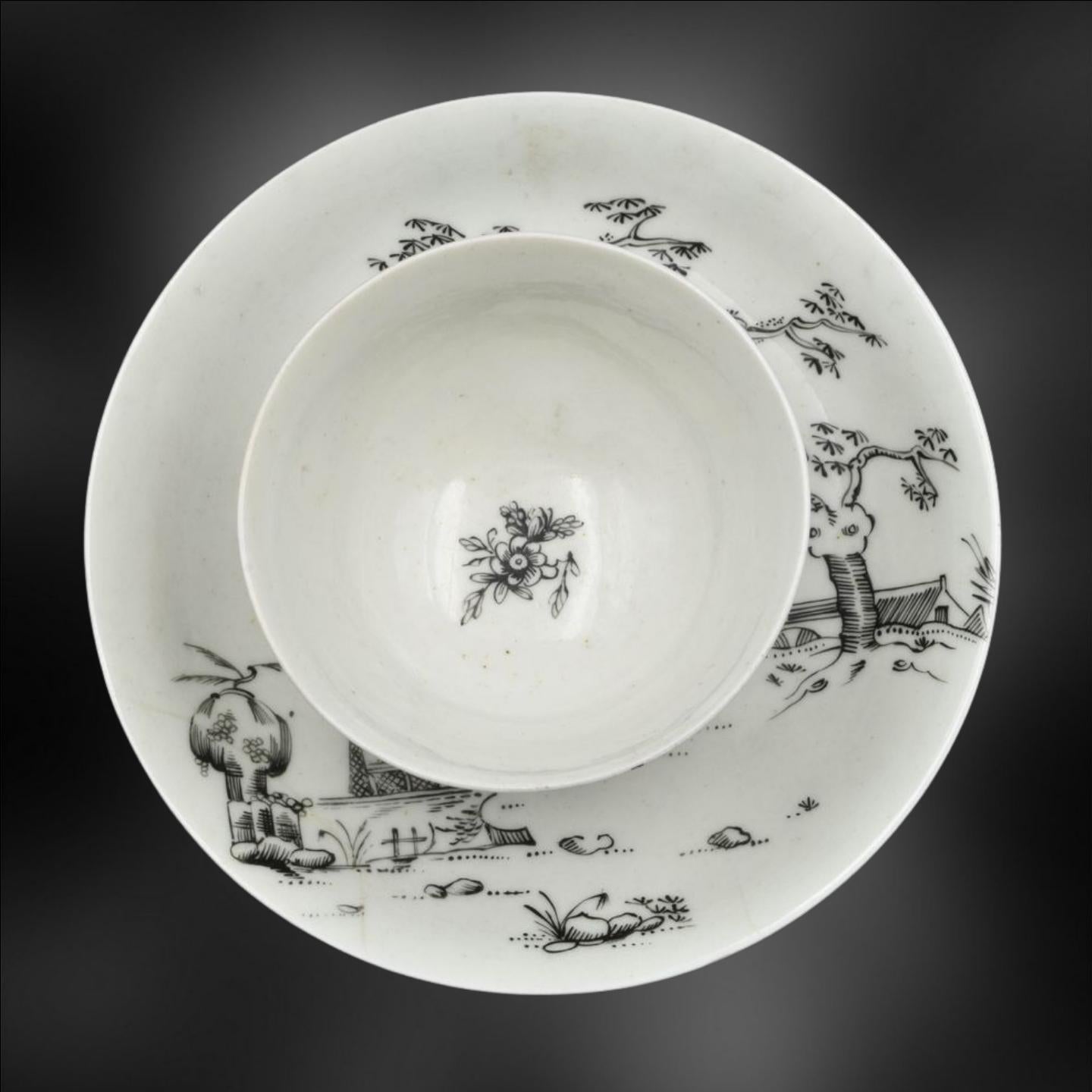 Chinoiserie Tea Bowl and Saucer, Pencilled with Boy on a Buffalo, Worcester, circa 1755 For Sale