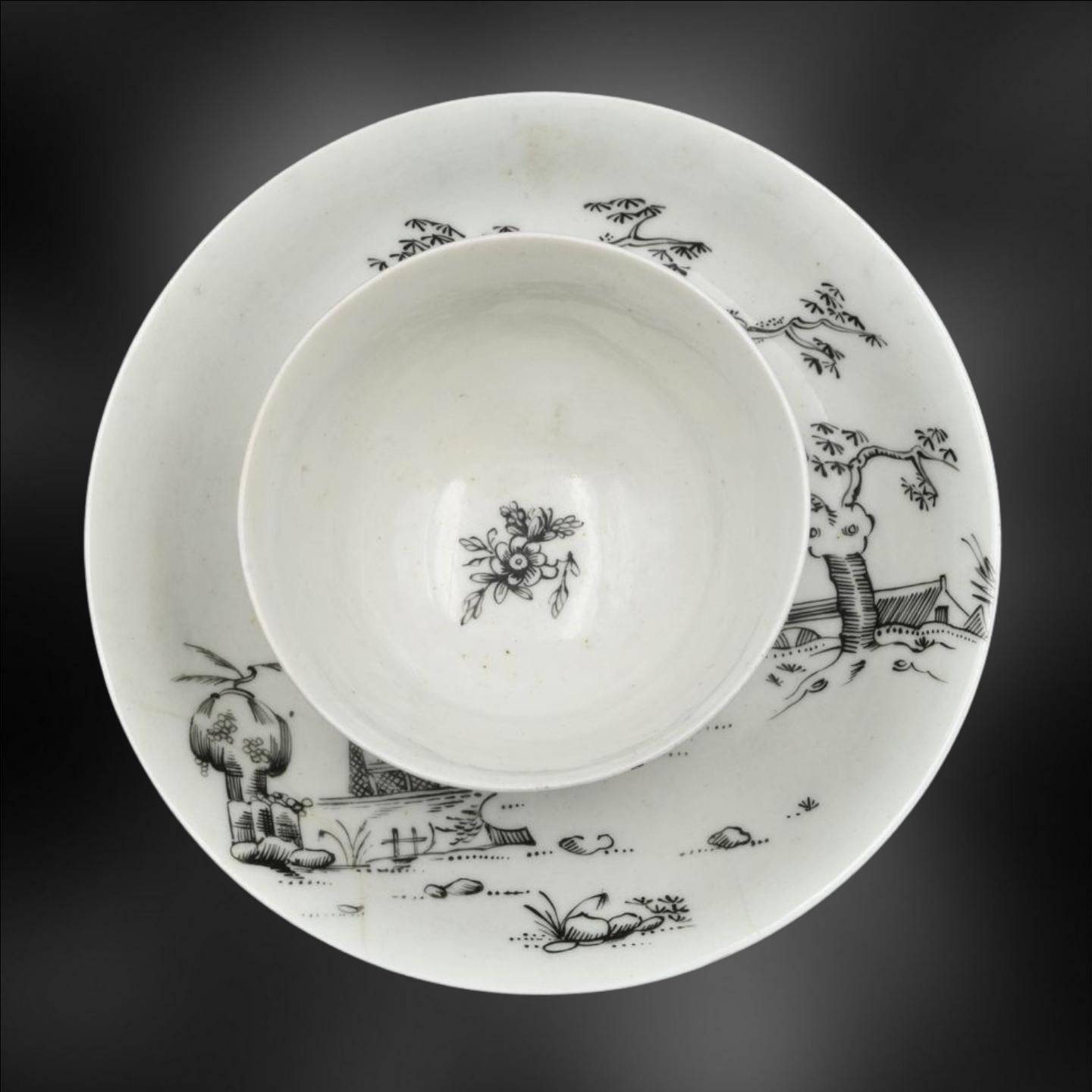 Chinoiseries Bol à thé et soucoupe, crayonné avec un garçon sur un buffle, Worcester, vers 1755 en vente