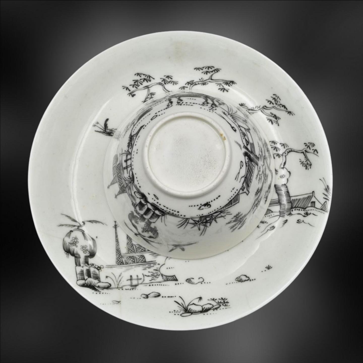 English Tea Bowl and Saucer, Pencilled with Boy on a Buffalo, Worcester, circa 1755 For Sale