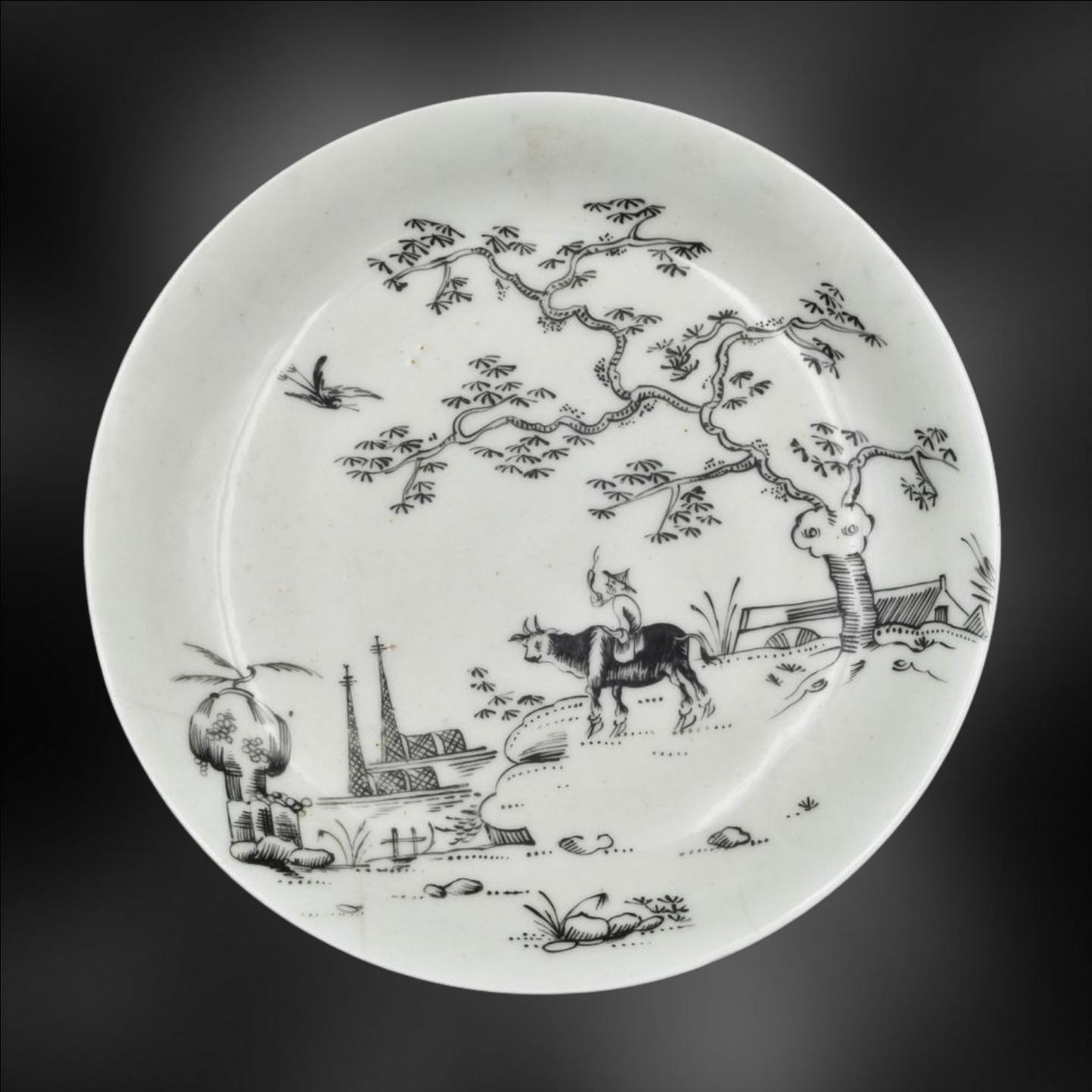 Tea Bowl and Saucer, Pencilled with Boy on a Buffalo, Worcester, circa 1755 In Good Condition For Sale In Melbourne, Victoria