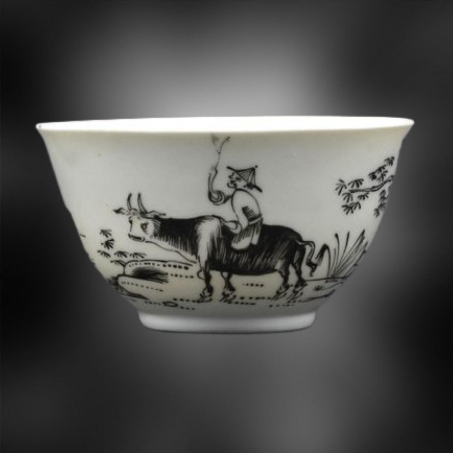 Porcelain Tea Bowl and Saucer, Pencilled with Boy on a Buffalo, Worcester, circa 1755 For Sale