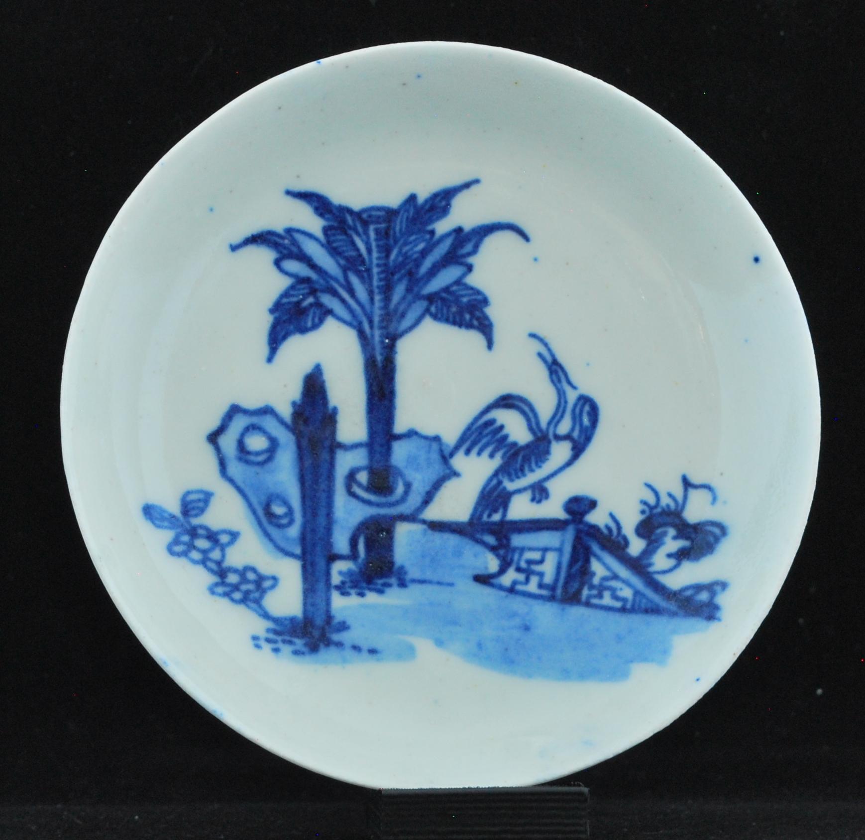 Teeschale und Untertasse, Storchenmuster, Bow Porcelain Fabrik, um 1750 (Chinoiserie) im Angebot