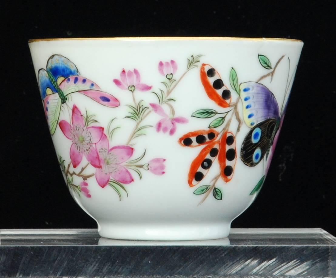 Finely potted porcelain tea bowl, with superb Dutch decoration, after the Dutch naturalist and illustrator, Maria Sibylla Merian.

The porcelain is extremely thin and translucent.