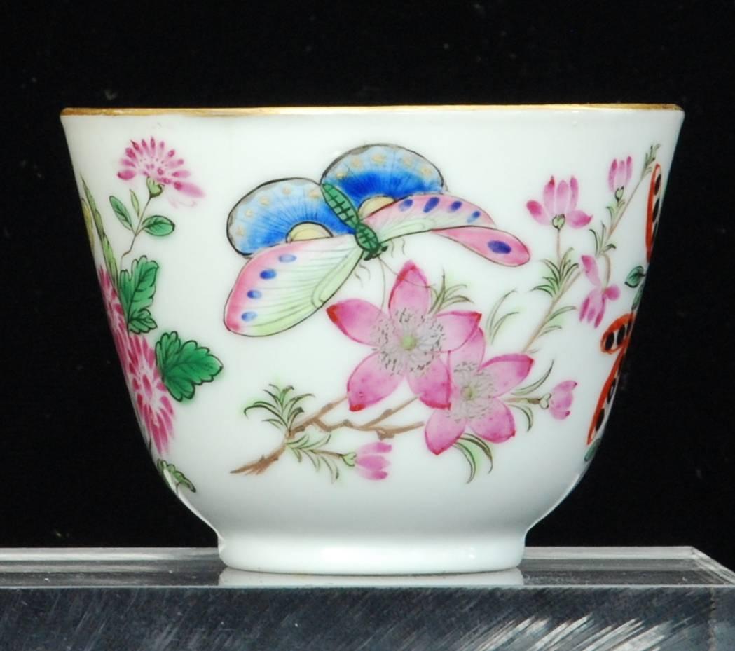 Chinoiserie Tea Bowl Painted with Butterflies, Chinese, Dutch Decorated, circa 1740 For Sale