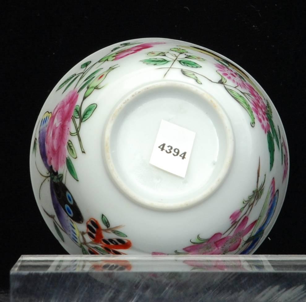 Porcelain Tea Bowl Painted with Butterflies, Chinese, Dutch Decorated, circa 1740 For Sale