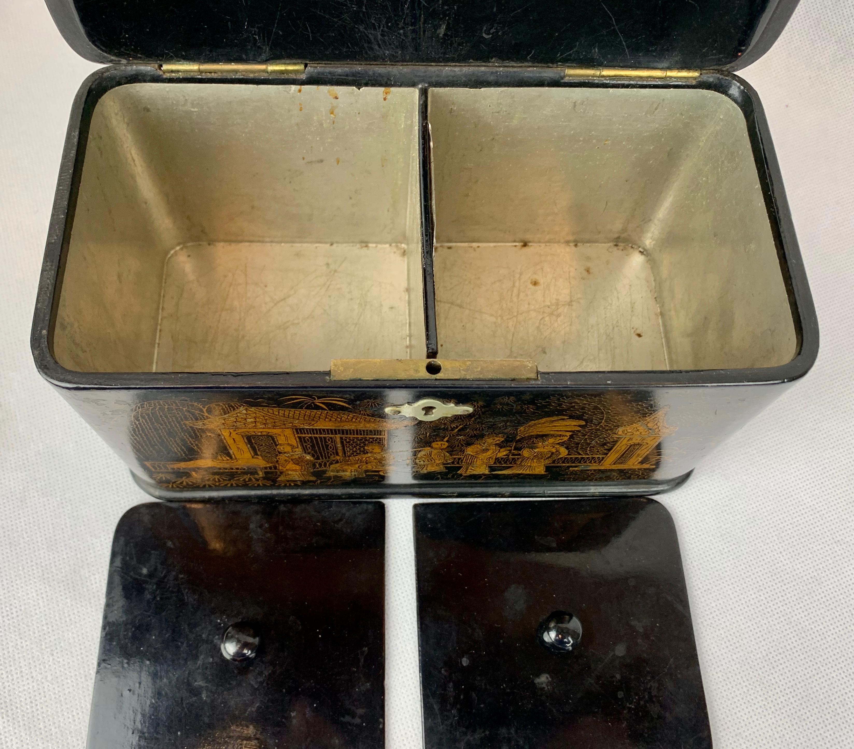  Chinoiserie Tea Caddy with Double Compartments-Black Lacquer on Papier Mâché 4