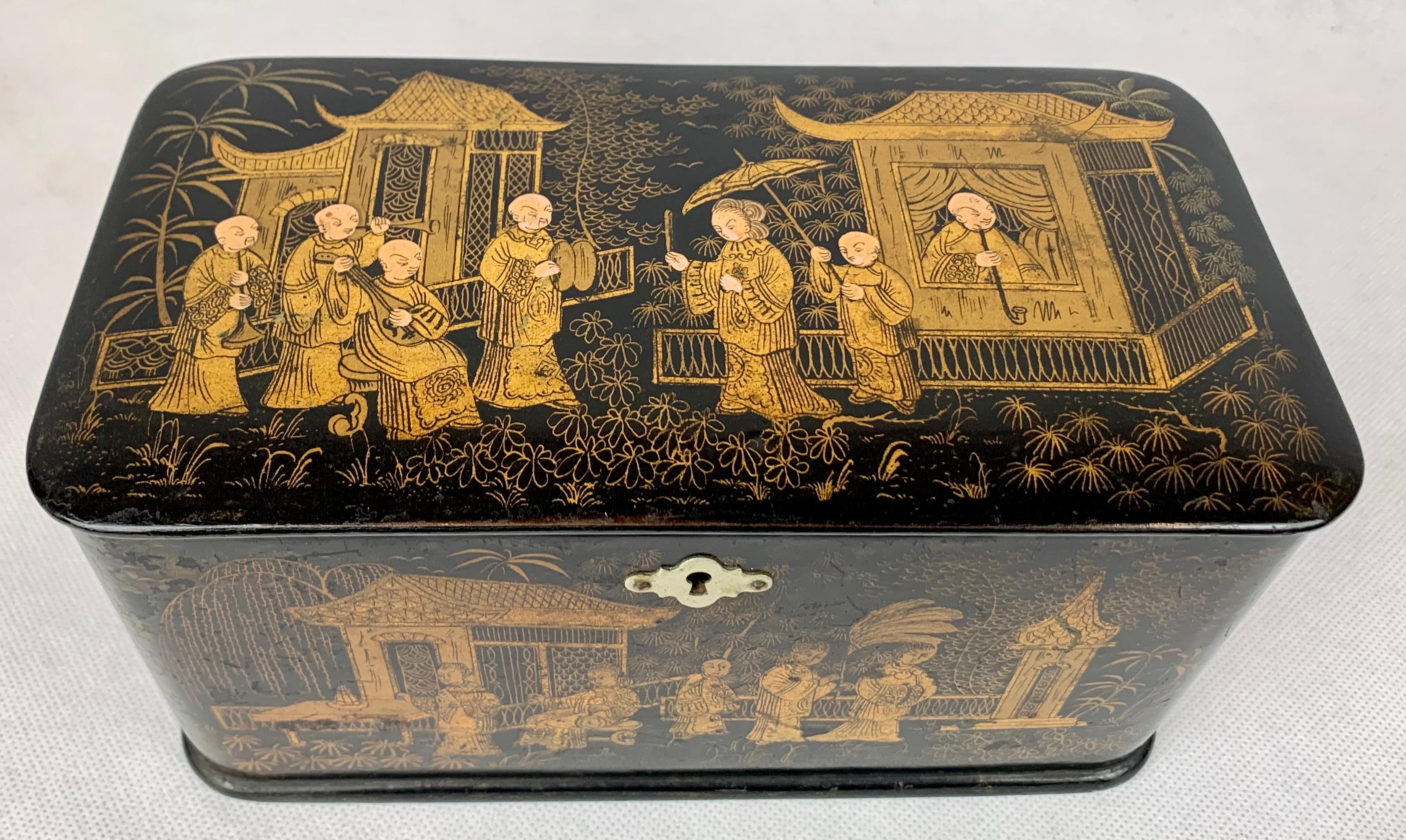 English  Chinoiserie Tea Caddy with Double Compartments-Black Lacquer on Papier Mâché