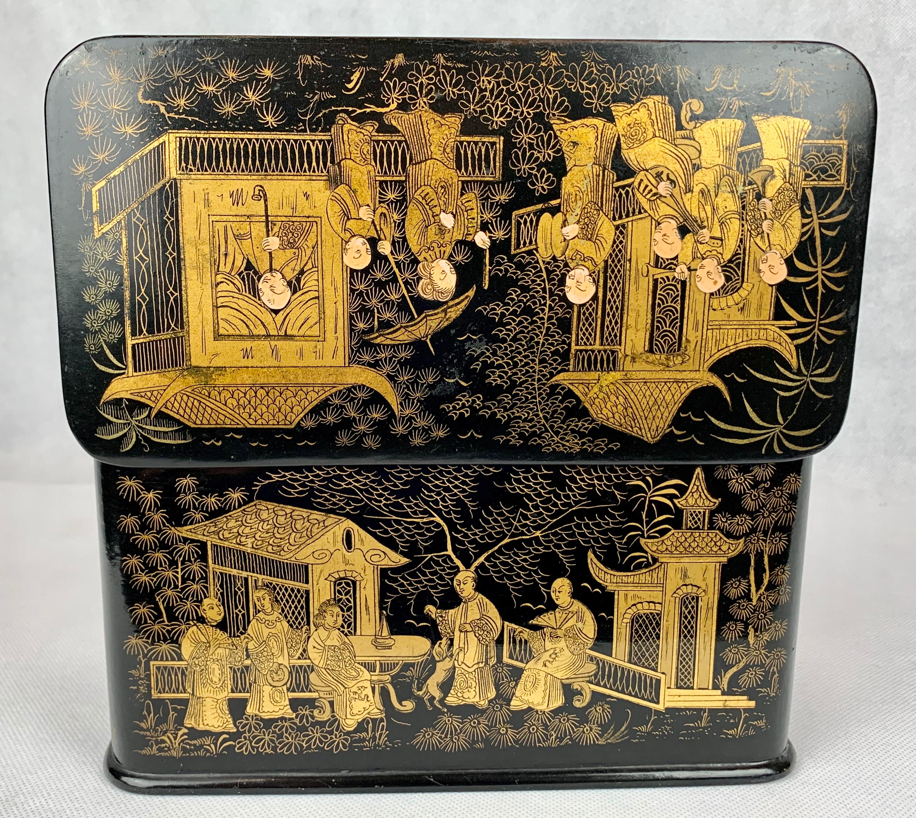 Mid-19th Century  Chinoiserie Tea Caddy with Double Compartments-Black Lacquer on Papier Mâché
