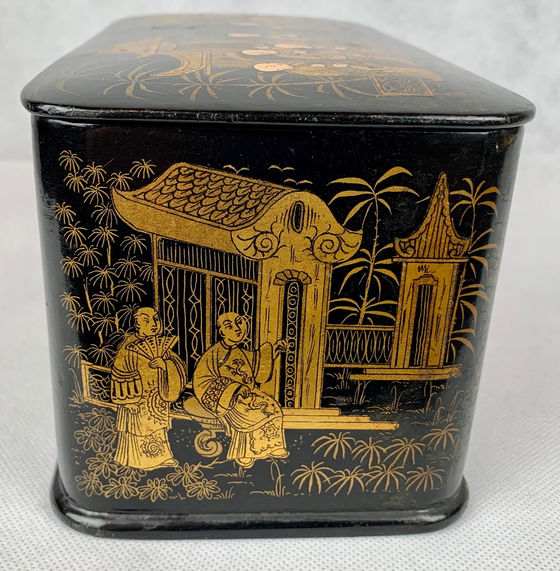 Hand-Crafted  Chinoiserie Tea Caddy with Double Compartments-Black Lacquer on Papier Mâché