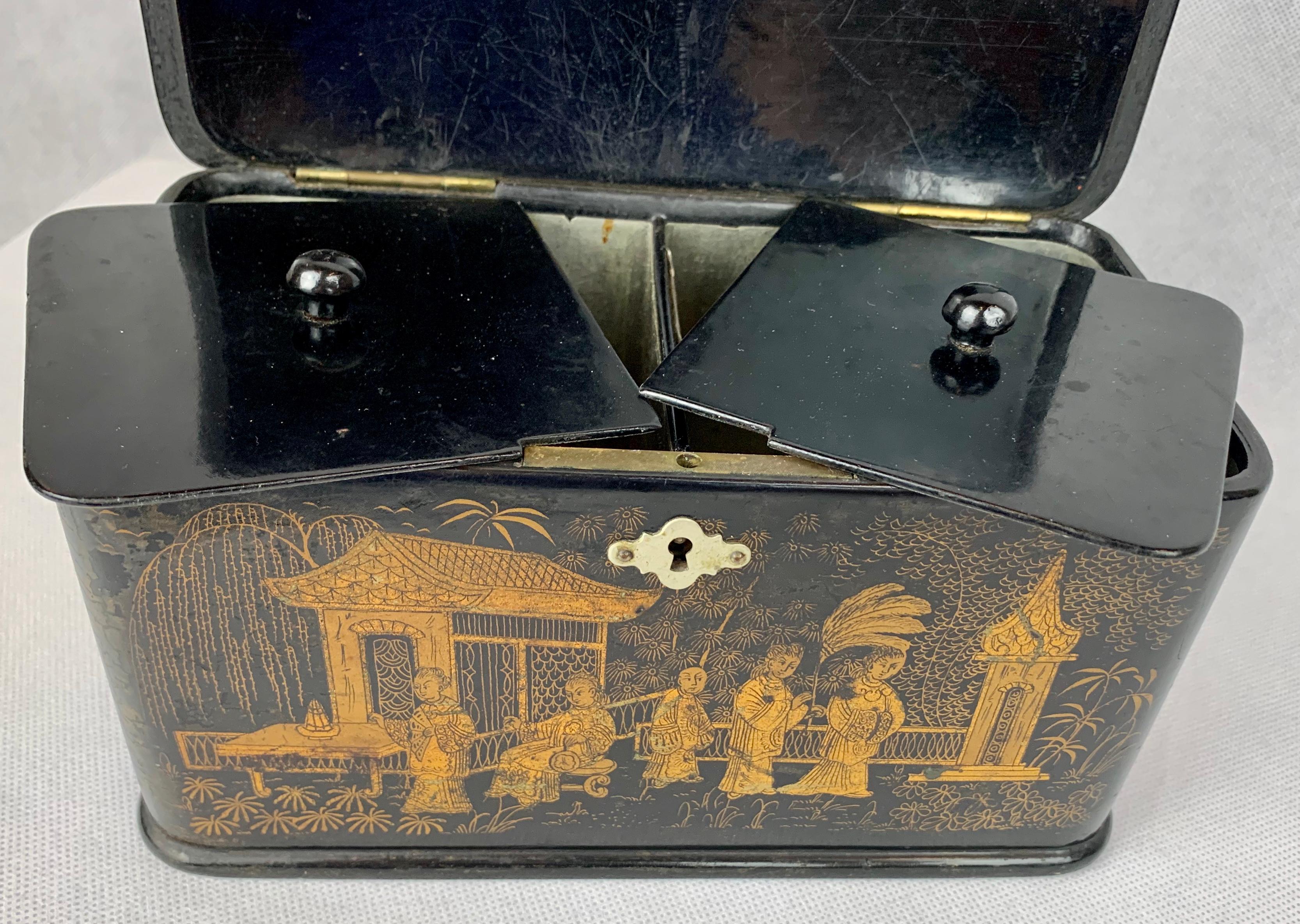 Wood  Chinoiserie Tea Caddy with Double Compartments-Black Lacquer on Papier Mâché