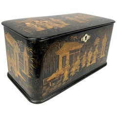 Chinoiserie Tea Caddy with Double Compartments-Black Lacquer on Papier Mâché
