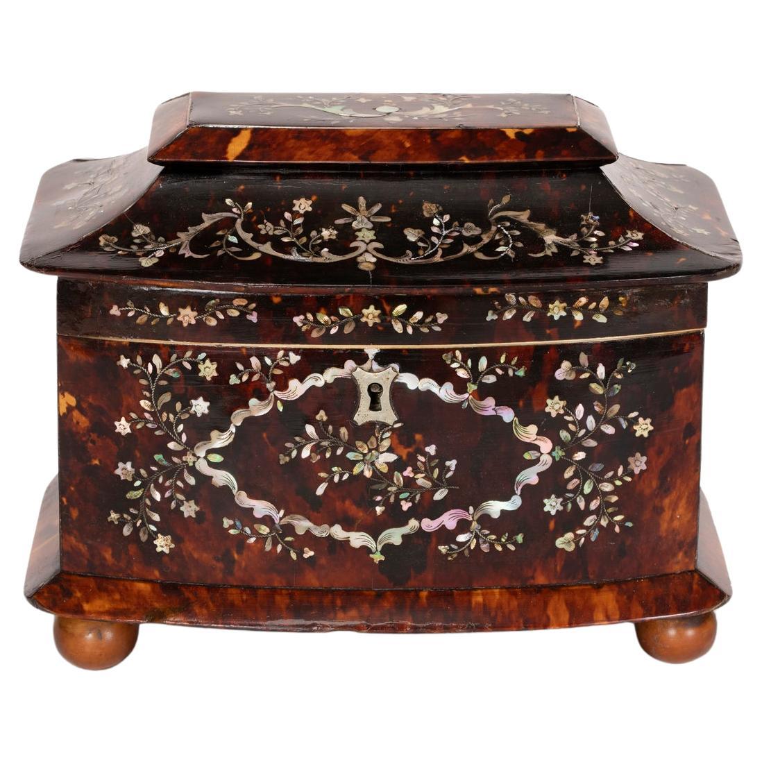 "Tea Caddy" English Tortoise Shell & Mother-of-Pearl Double Compartment 19th-c. For Sale