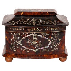 Antique "Tea Caddy" English Tortoise Shell & Mother-of-Pearl Double Compartment 19th-c.