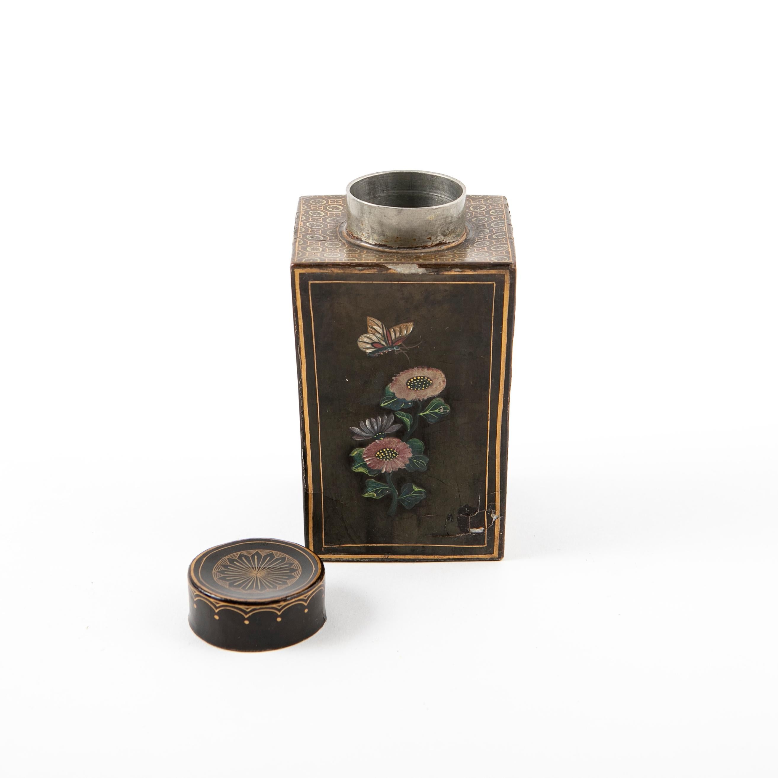 Pewter Tea Caddy in Black Lacquer with Floral Decorations