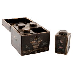 Tea Caddy in Black Lacquer with Floral Decorations