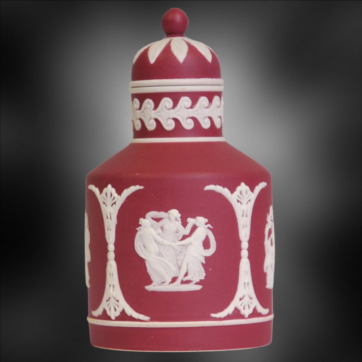 Charming tea canister in the very rare crimson jasper dip. This example is particularly fine, and shows none of the usual problems that resulted in wedgwood abandoning this color after a short period.

Exhibited: Wedgwood, Master Potter to the
