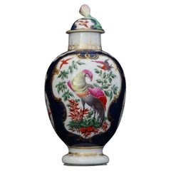 Antique Tea Canister, Exotic Birds on a Blue Scale Background, Worcester, circa 1770