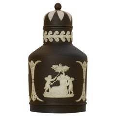 Antique Tea Canister in Black Jasperware, Wedgwood, circa 1900