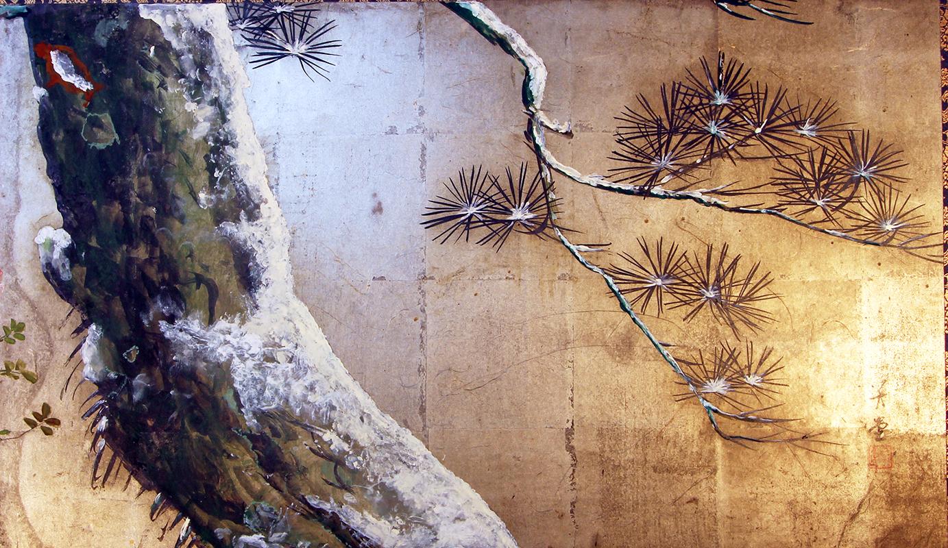 Pine tree with flowers under the last snowfall: Little Japanese screen from the early Meiji period painted with pigments on silver leaf.