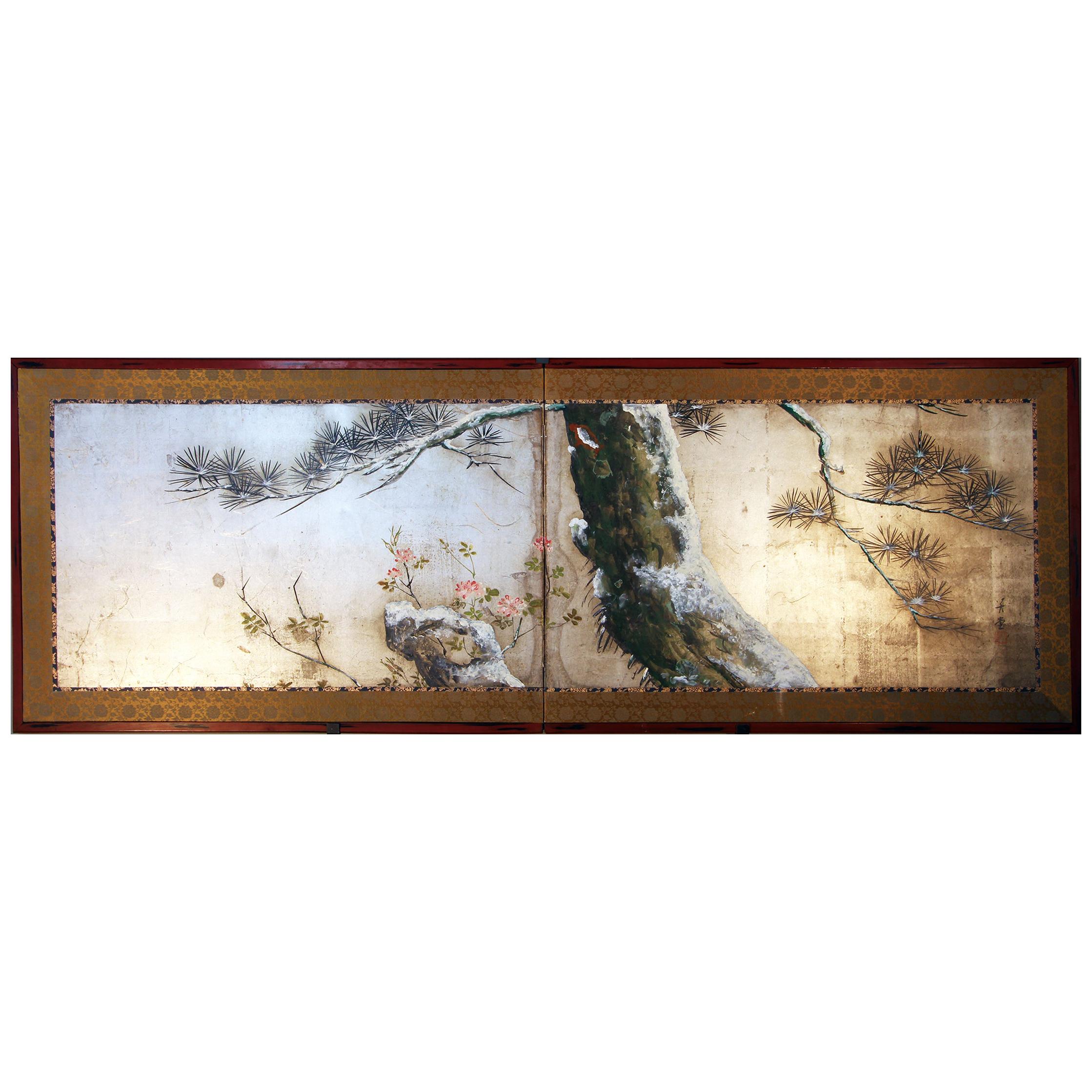 Tea Ceremony Meiji Period Japanese Folding Screen Two Panels Silver Leaf