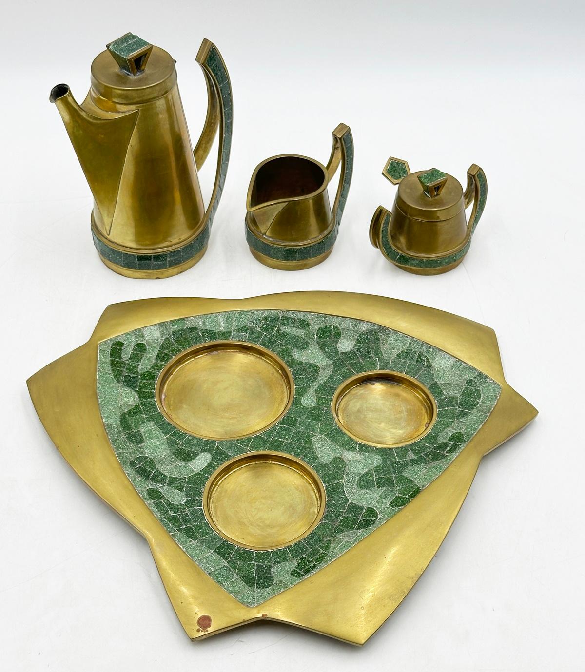 Mexican Tea/Coffee Service in Brass & Glass Mosaic by Salvador Teran, Mexico 1950's For Sale