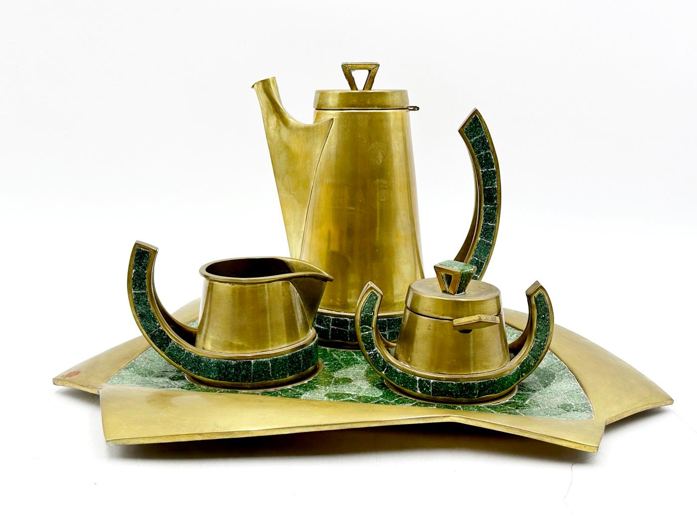 Tea/Coffee Service in Brass & Glass Mosaic by Salvador Teran, Mexico 1950's In Good Condition For Sale In Los Angeles, CA