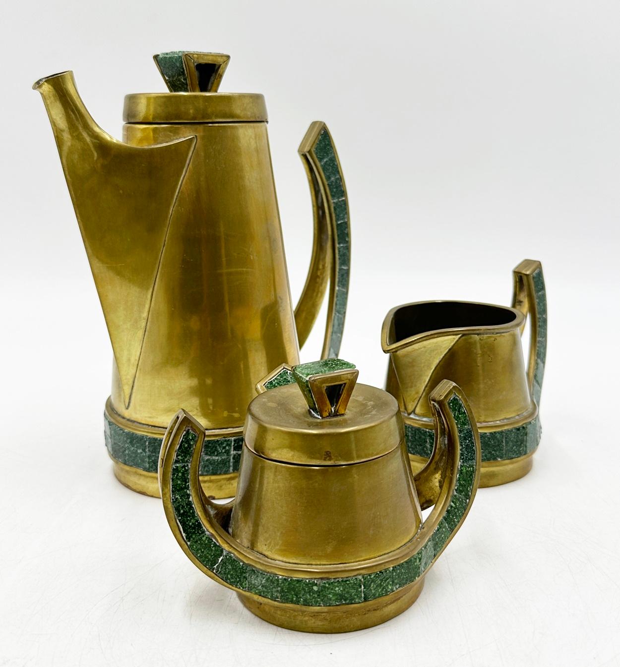 Tea/Coffee Service in Brass & Glass Mosaic by Salvador Teran, Mexico 1950's For Sale 2