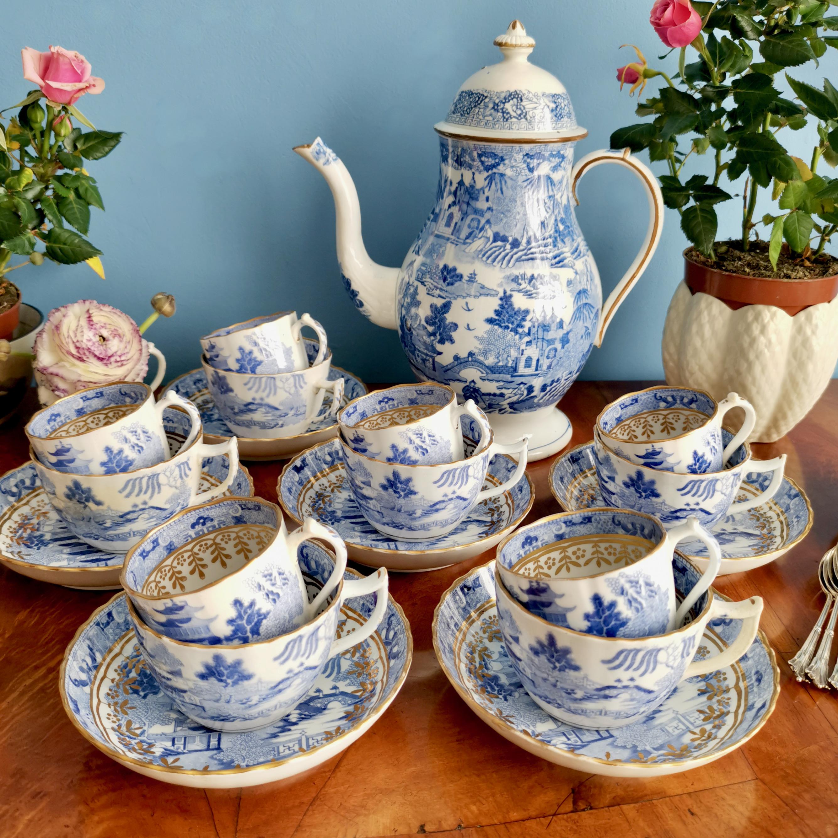 This is a wonderful tea and coffee service serving 6 with the beautiful Pagoda pattern in blue and white transfer. The coffee pot was made by Rathbone and the cups and saucers by Miles Mason.

I have also listed the set of teacup trios and the