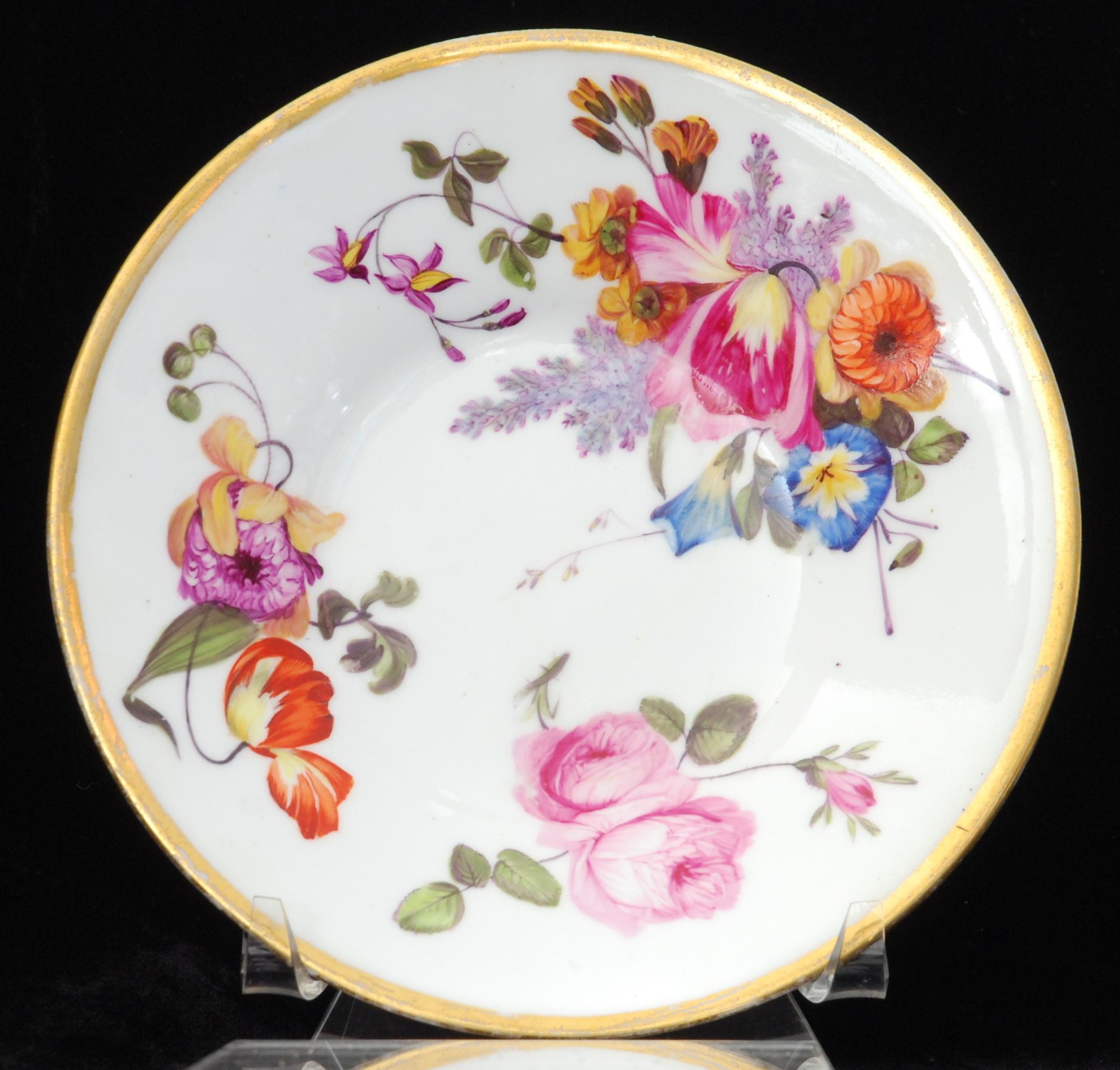 A rare tea cup and saucer in Nantgarw’s superb soft-paste porcelain. Each piece is gilded and decorated in one of the London workshops with superb flower painting, probably by Moses Webster.

The Nantgarw factory lasted only a few years, but their