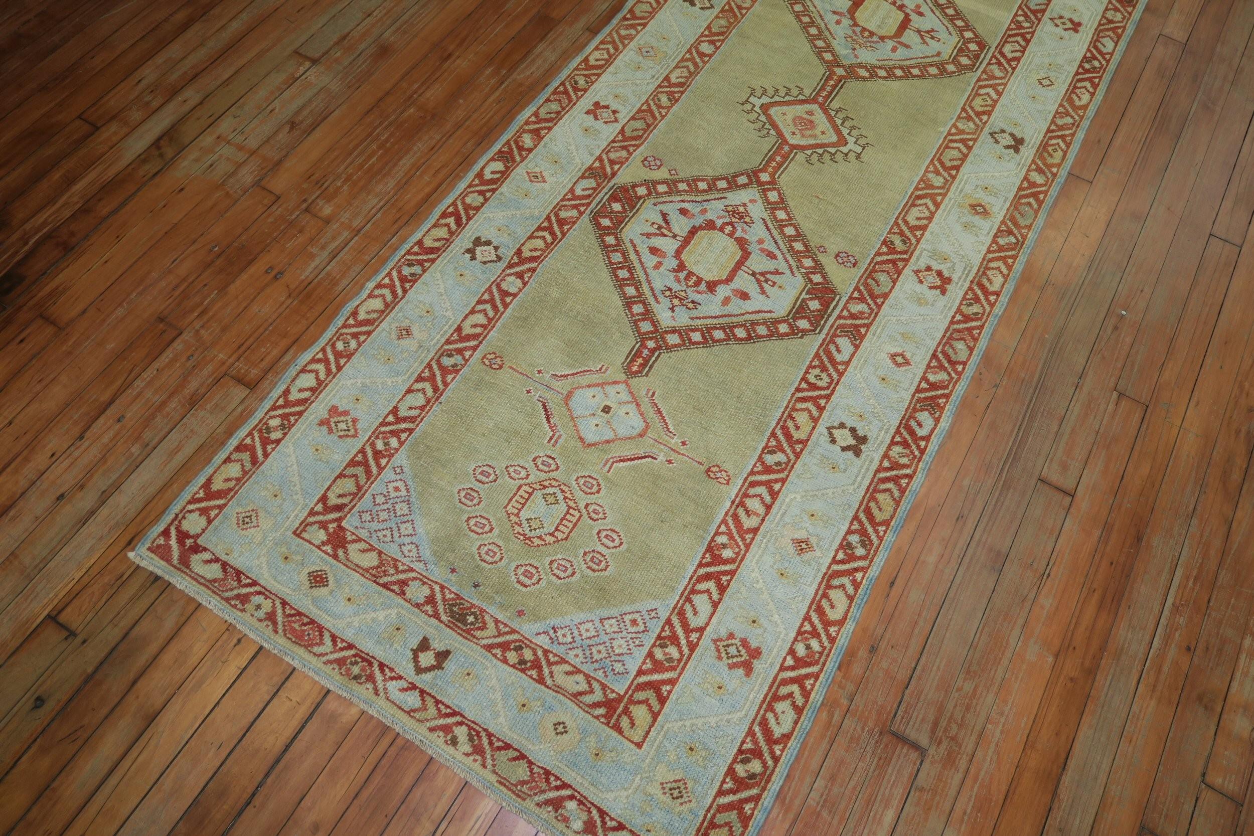 Hand-Knotted Tea Green Persian Tribal Runner 3 x 13 Wool 20th Century Runner For Sale