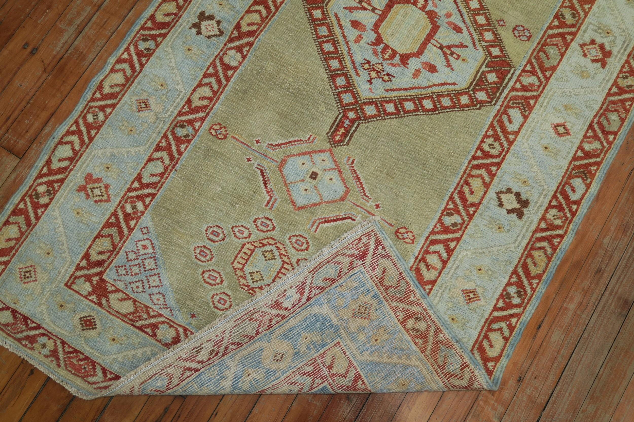 Tea Green Persian Tribal Runner 3 x 13 Wool 20th Century Runner In Good Condition For Sale In New York, NY