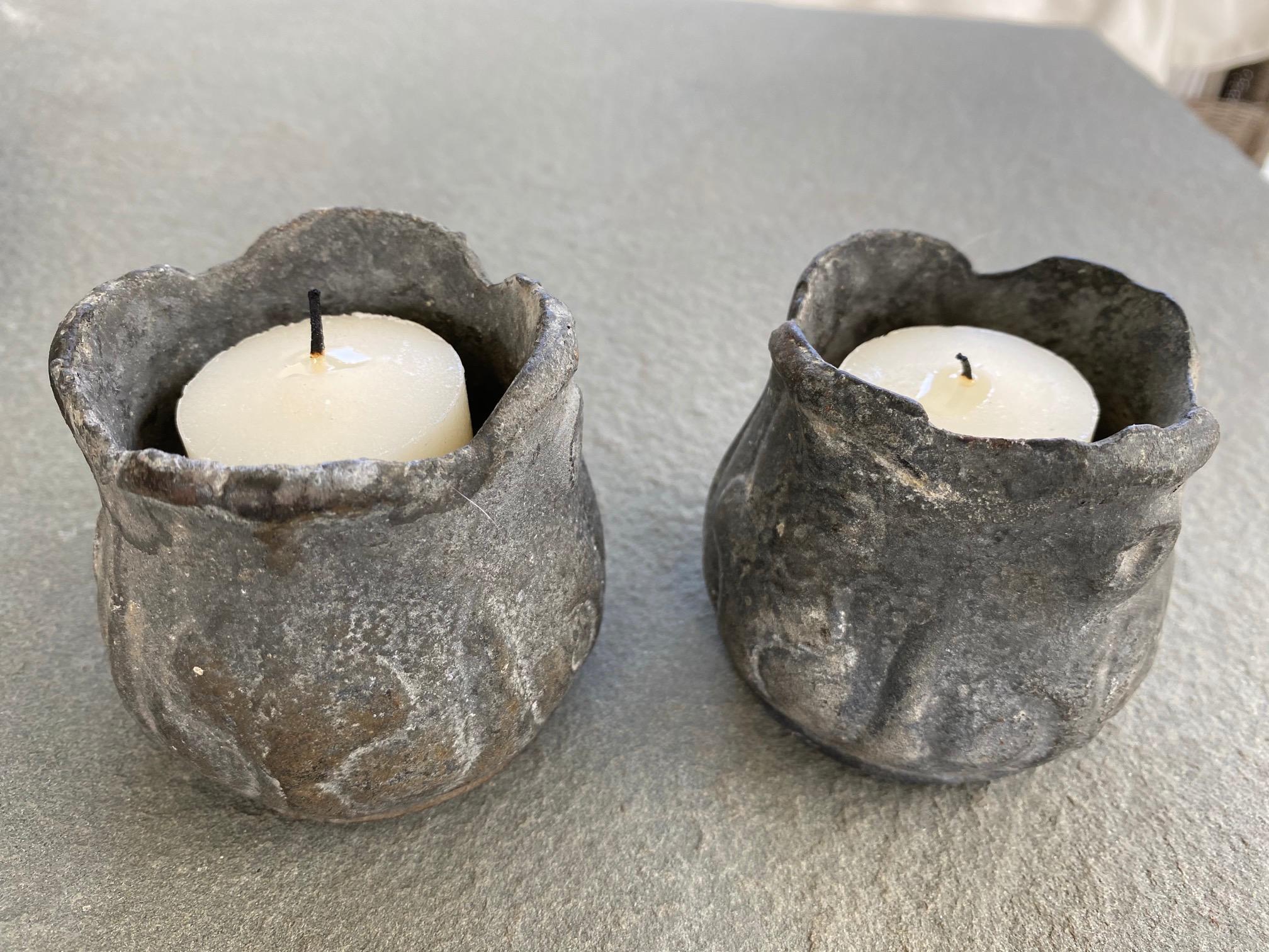 Baroque style metal tea light candleholders with leaded look that gives it wonderful antique Louis XV style look. These low candle will make a wonderful addition to any table or room.