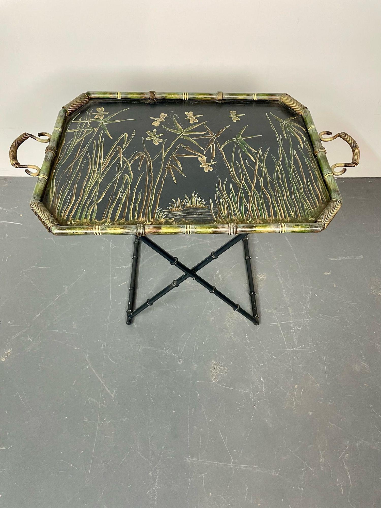 Tea or folding table faux Bamboo Metal, Asian Floral Motifs
A tole painted tray on a bamboo form paint decorated folding stand. The removeable tray top with bamboo and butterflies on top framed in a faux metal bamboo border supported by a folding