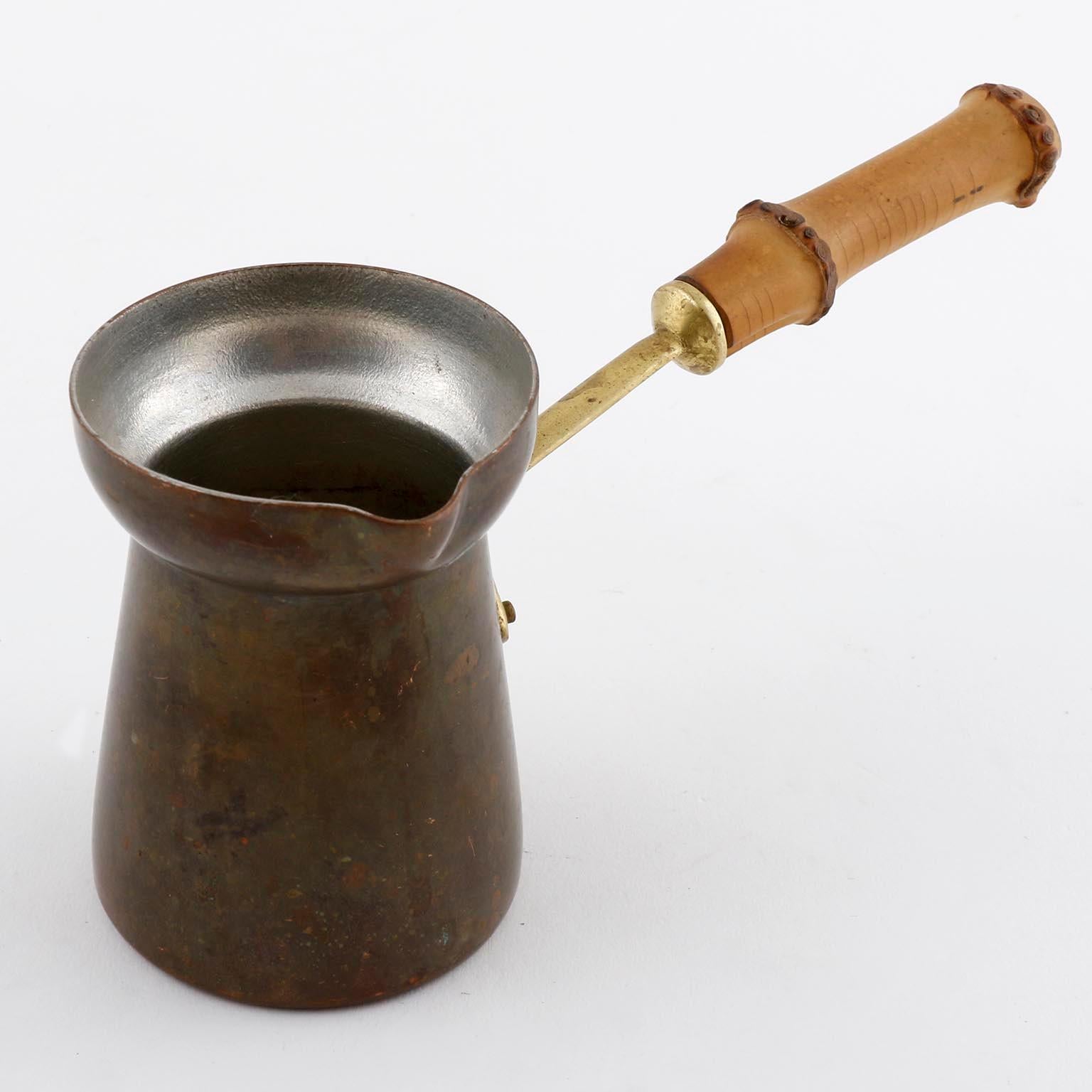 Mid-Century Modern Tea Pot Can Teapot, Copper Brass Bamboo, Austria, 1950s For Sale