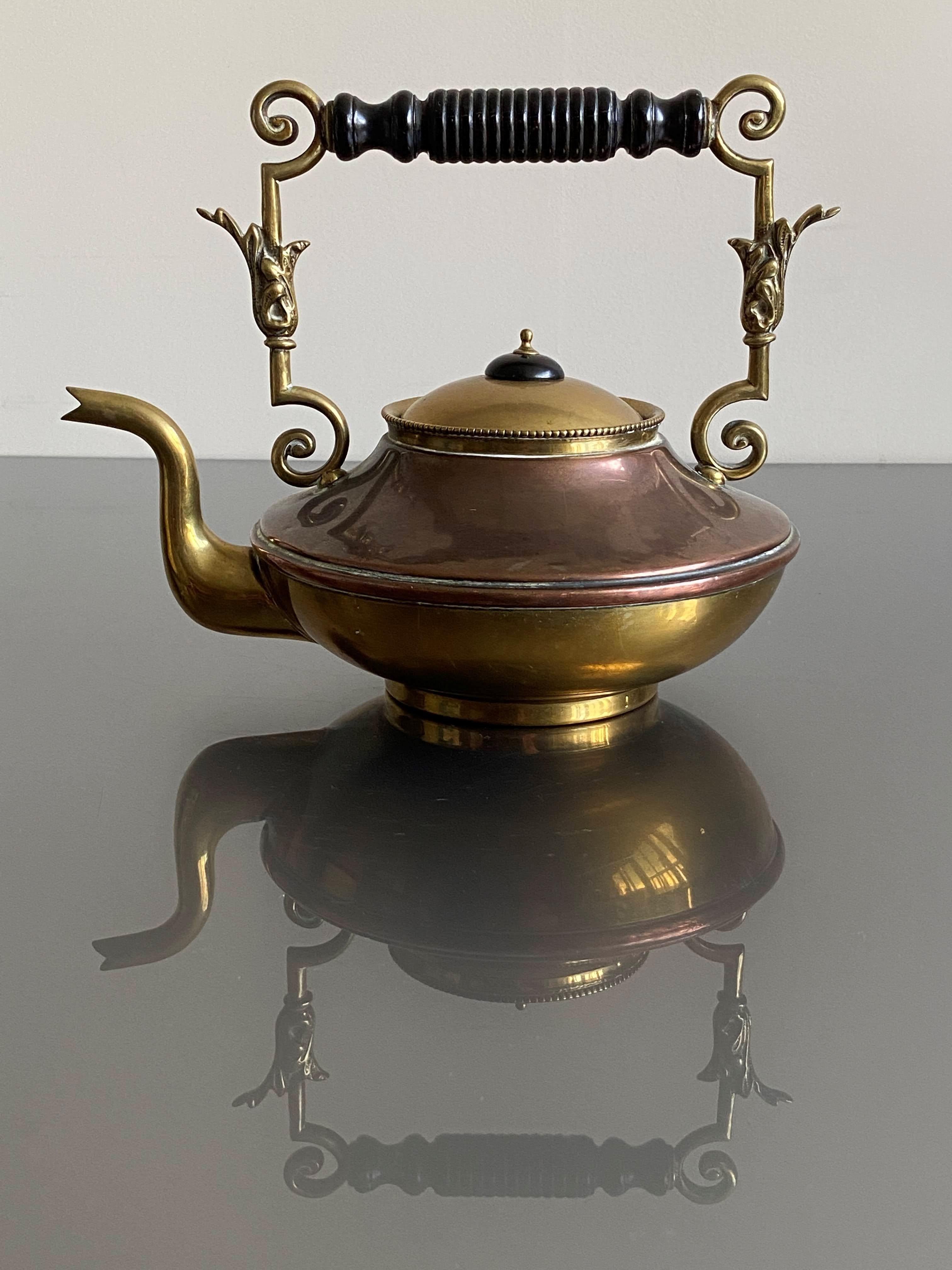 Edwardian Tea Pot Kettle Brass Copper Ebony Handle by William Soutter & Sons