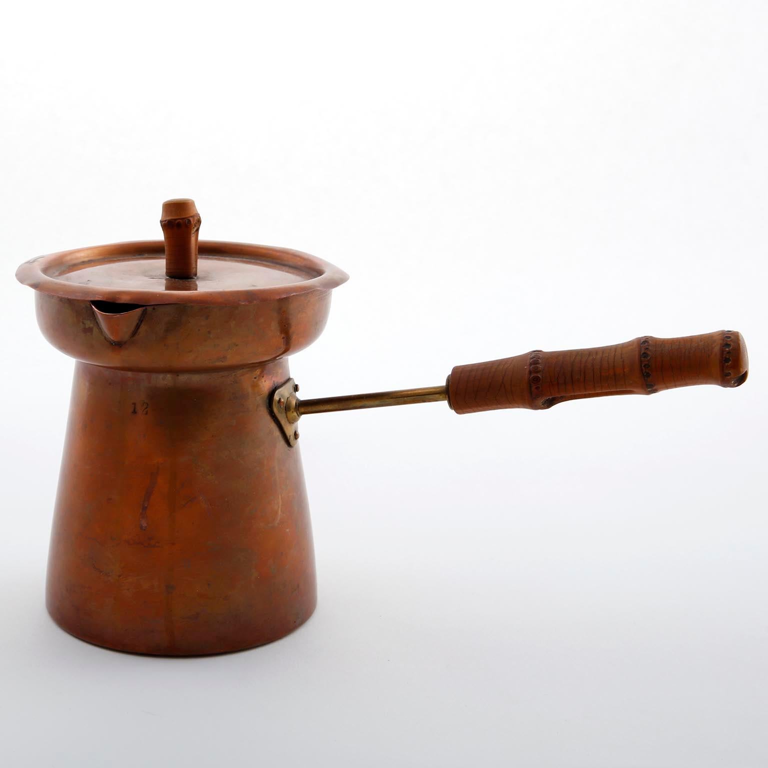 Mid-Century Modern Tea Pot Teapot, Copper Brass Bamboo, 1950s For Sale