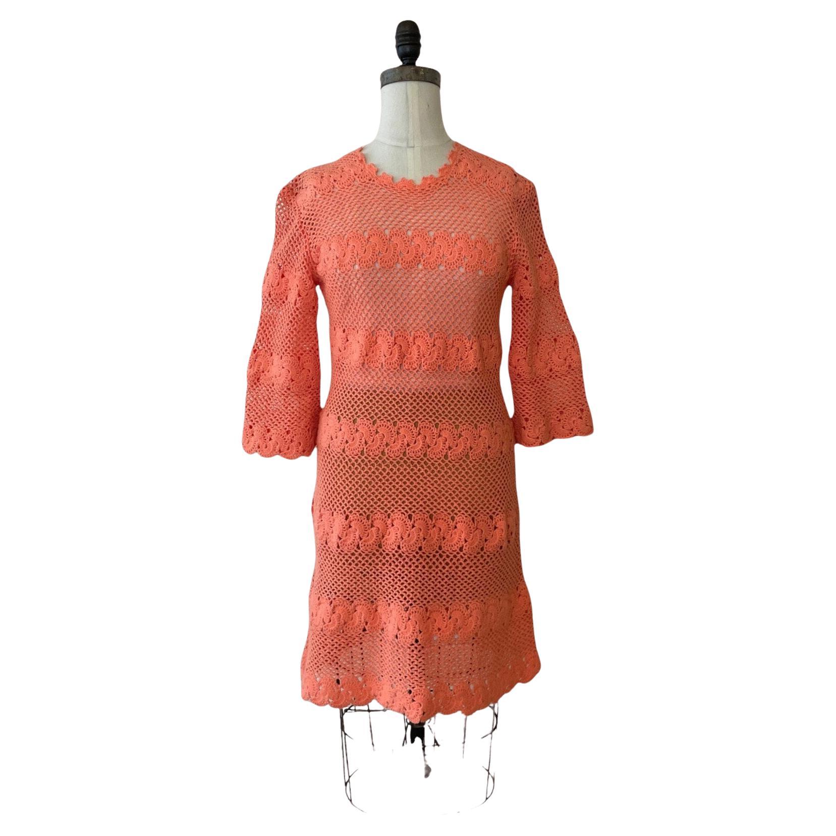 Vintage Crochet Knit Mini Dress, Tea Rose Peach, Circa 1960s, A-Line