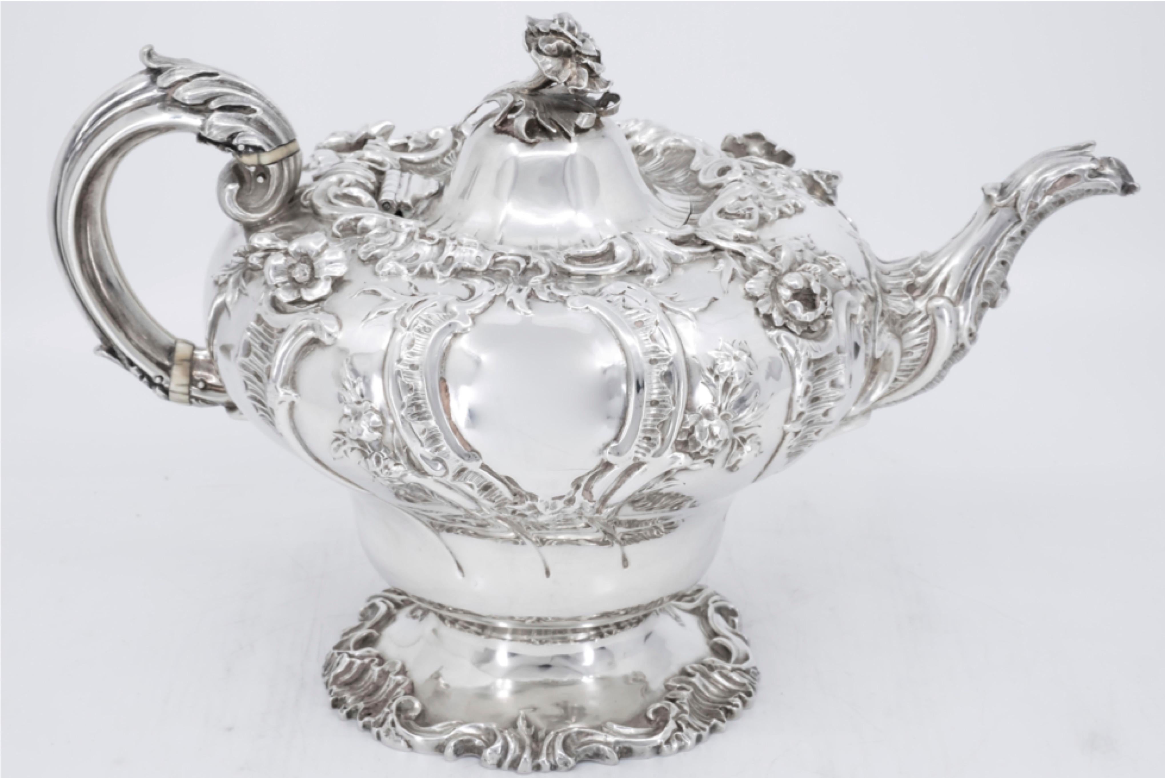 Tea service, English, London, early 19th century, circa 1836
Silversmith: Charles Fox II, 1801-1872.

A three-piece sterling silver tea service in the Rococo style.
All three pieces display a gift wash interior, and hallmarked with the following