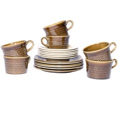 Vintage Tea Set in Green and Off-White Glassed Ceramics from Norway "Stavanger"