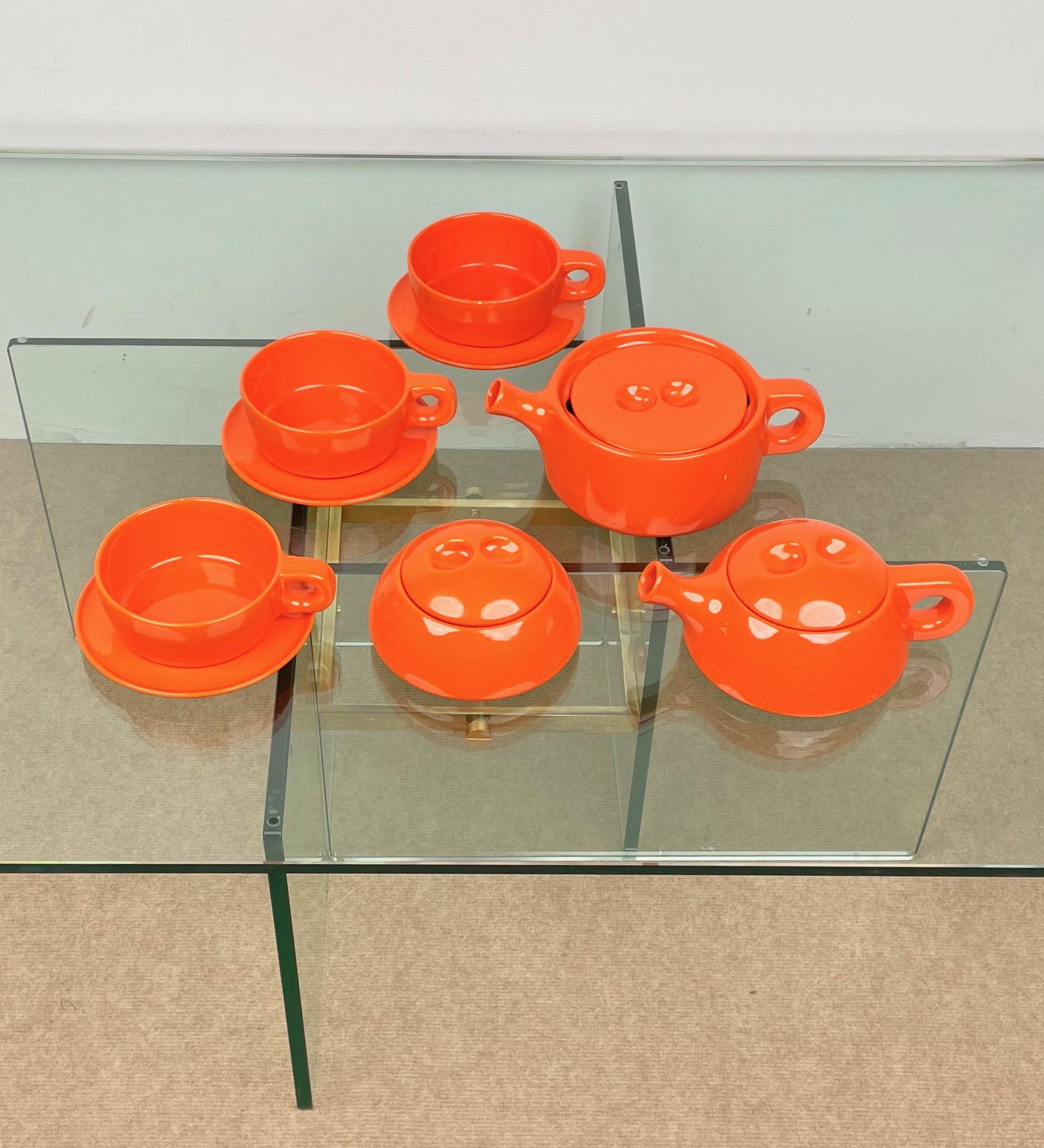 Mid-Century Modern Tea Set in Orange Ceramic by Liisi Beckmann for Gabbianelli, Italy, 1960s For Sale
