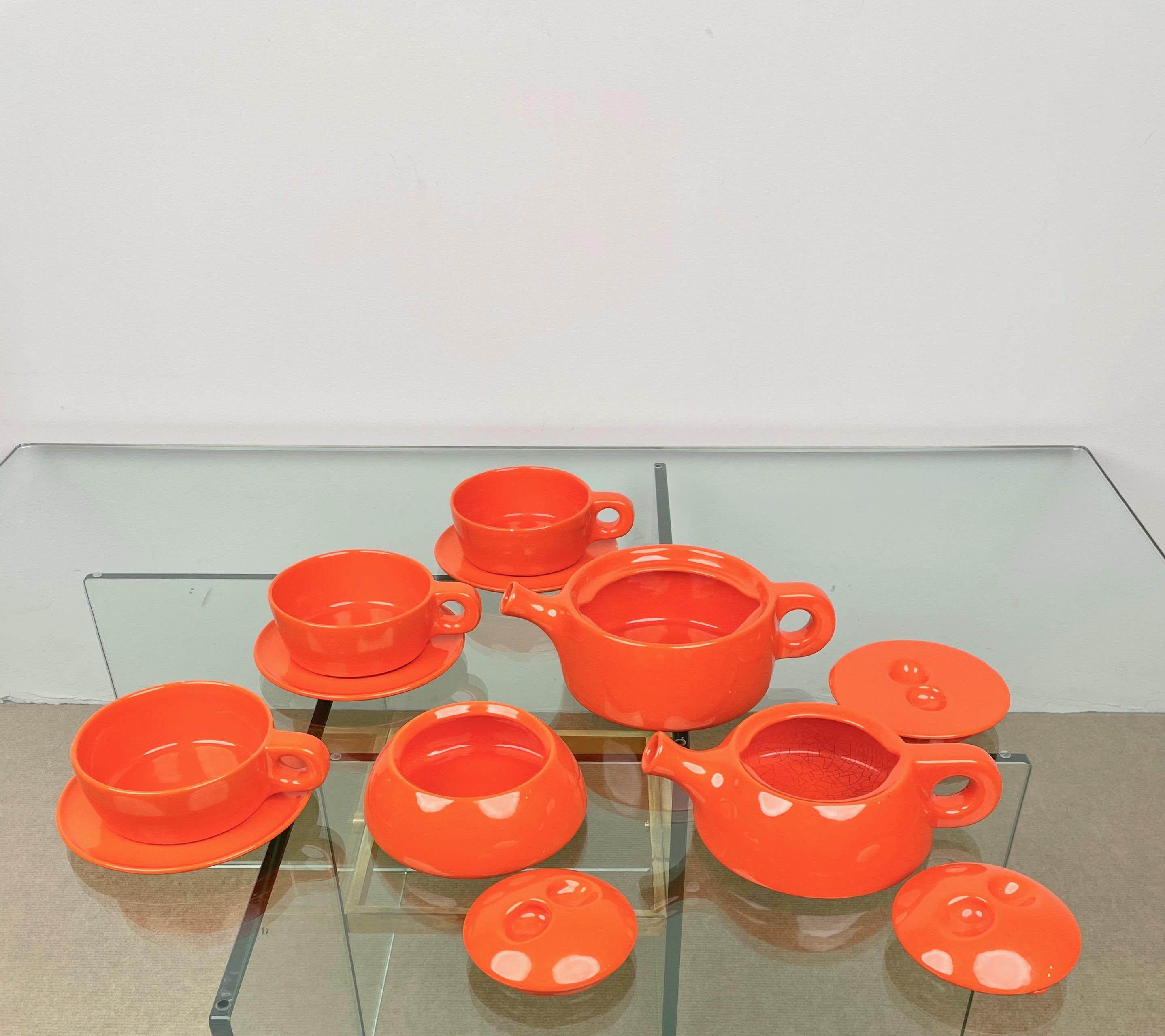 Tea Set in Orange Ceramic by Liisi Beckmann for Gabbianelli, Italy, 1960s In Good Condition For Sale In Rome, IT