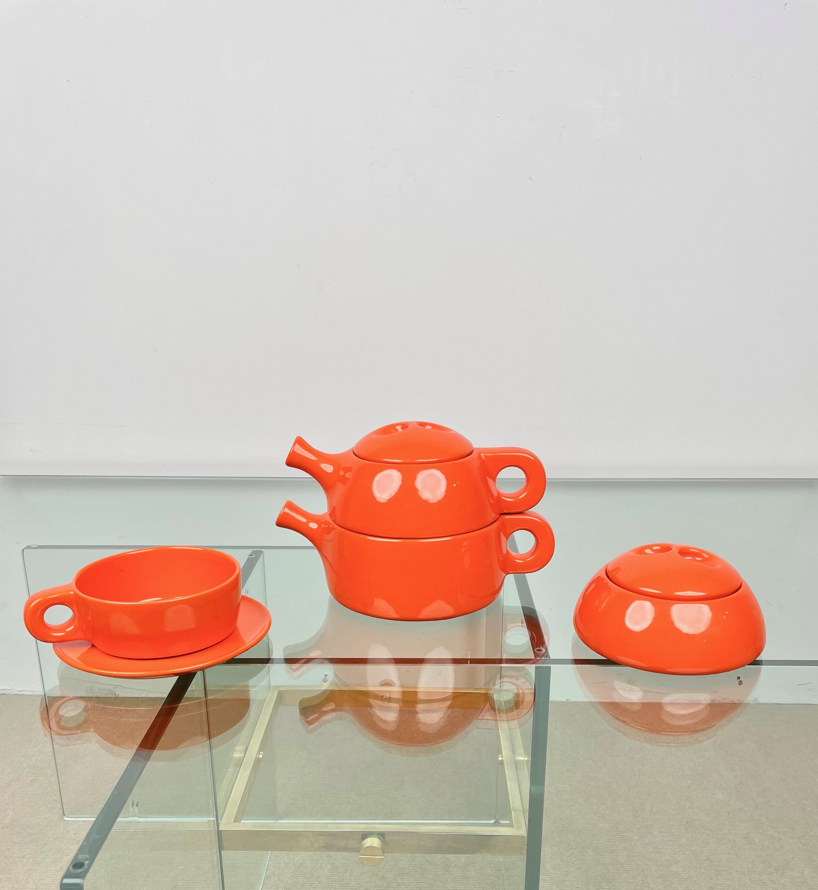 Mid-20th Century Tea Set in Orange Ceramic by Liisi Beckmann for Gabbianelli, Italy, 1960s For Sale