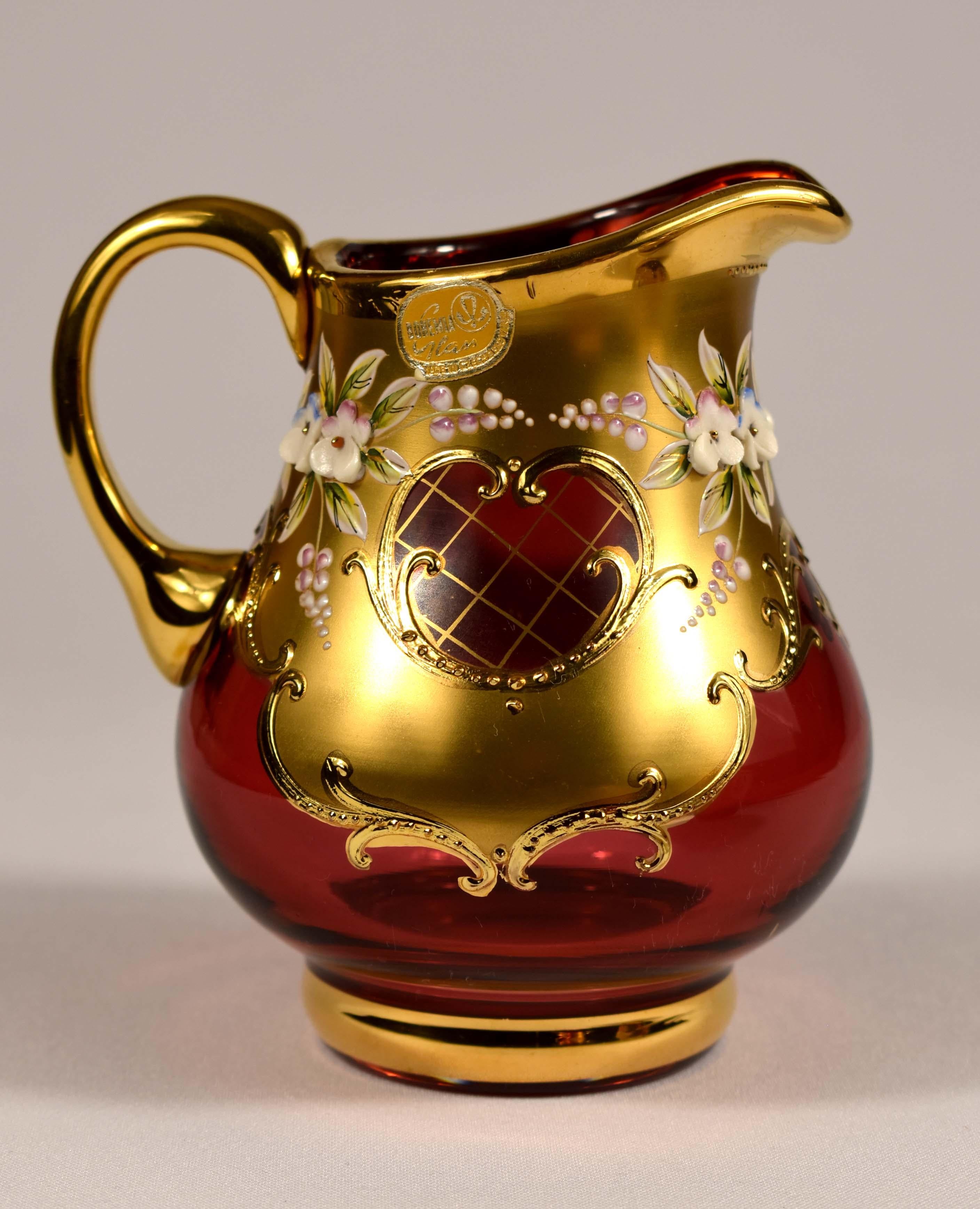 Tea set-Original-Ruby glass-Painting- High Enamel-Gilded-Crystalex  20th century For Sale 3