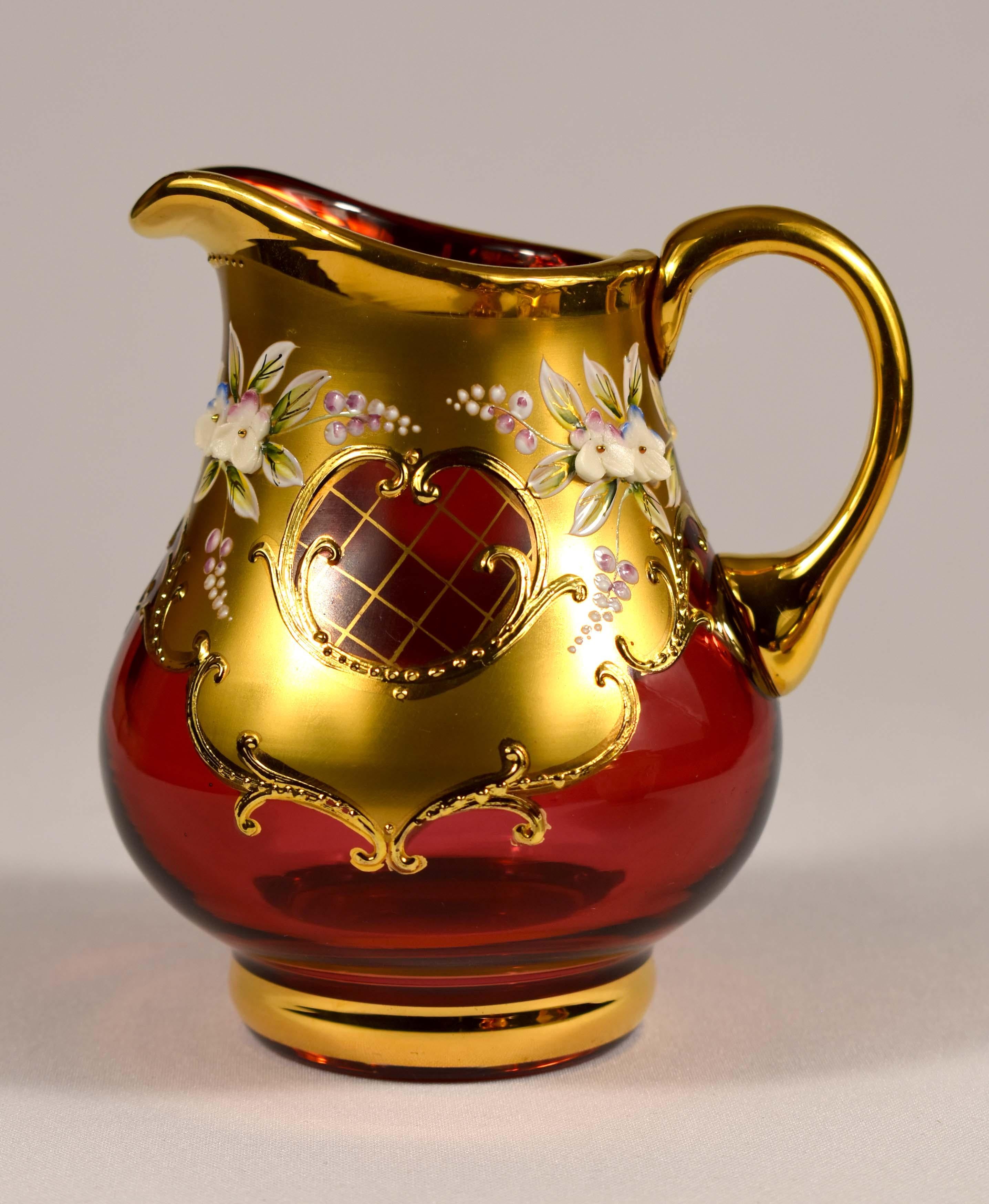 Tea set-Original-Ruby glass-Painting- High Enamel-Gilded-Crystalex  20th century For Sale 5