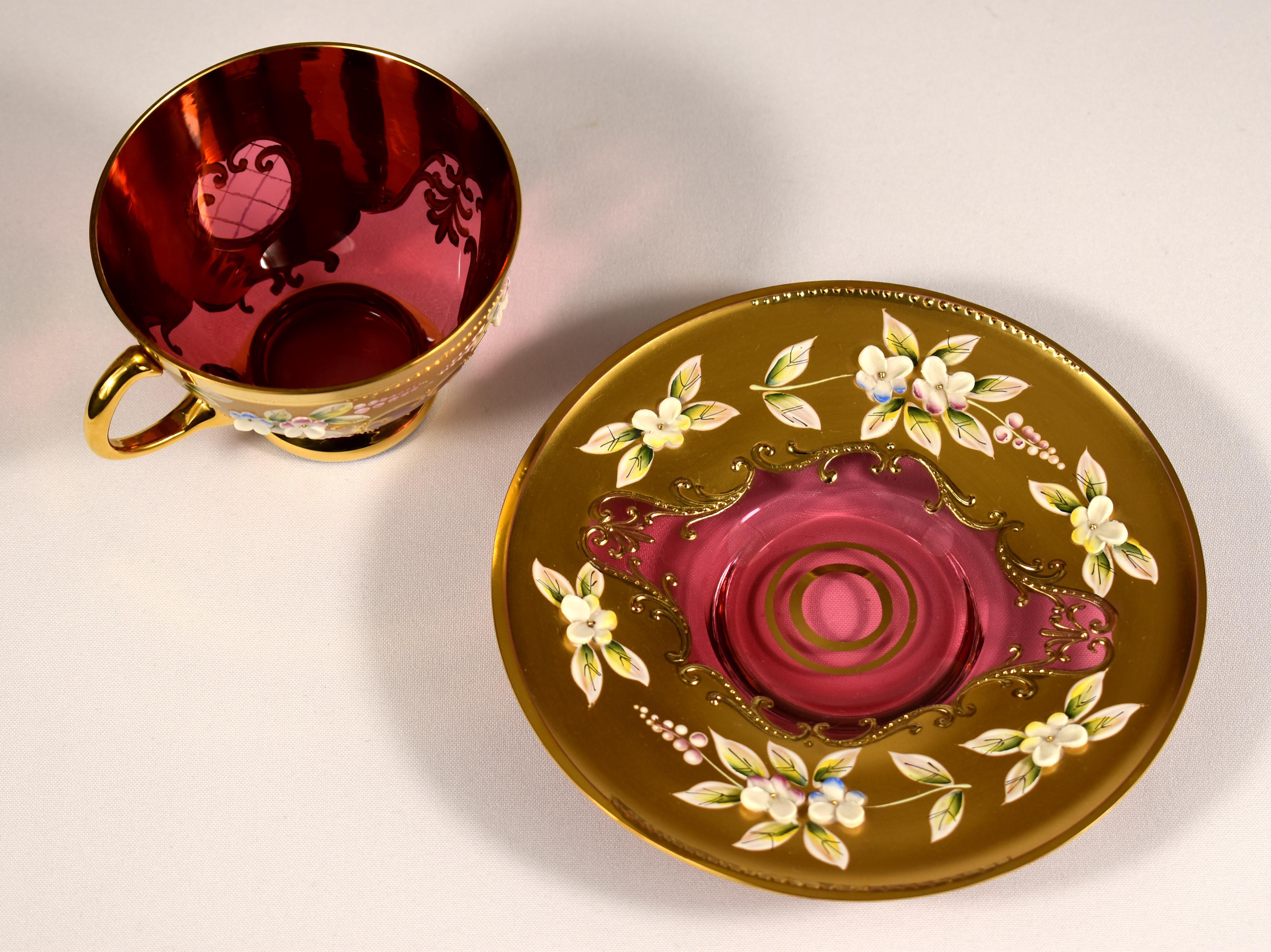 Tea set-Original-Ruby glass-Painting- High Enamel-Gilded-Crystalex  20th century For Sale 10