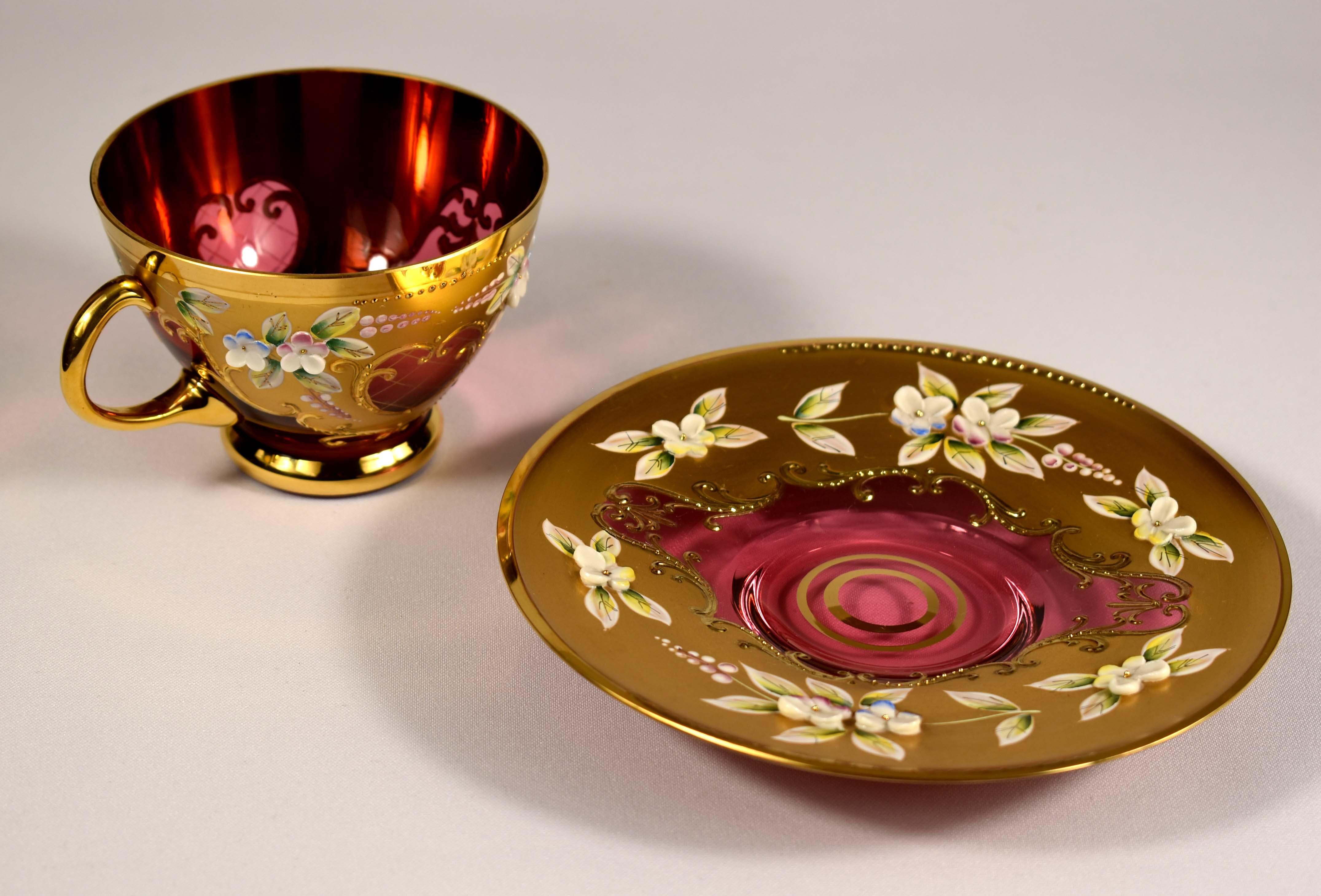 Tea set-Original-Ruby glass-Painting- High Enamel-Gilded-Crystalex  20th century For Sale 11