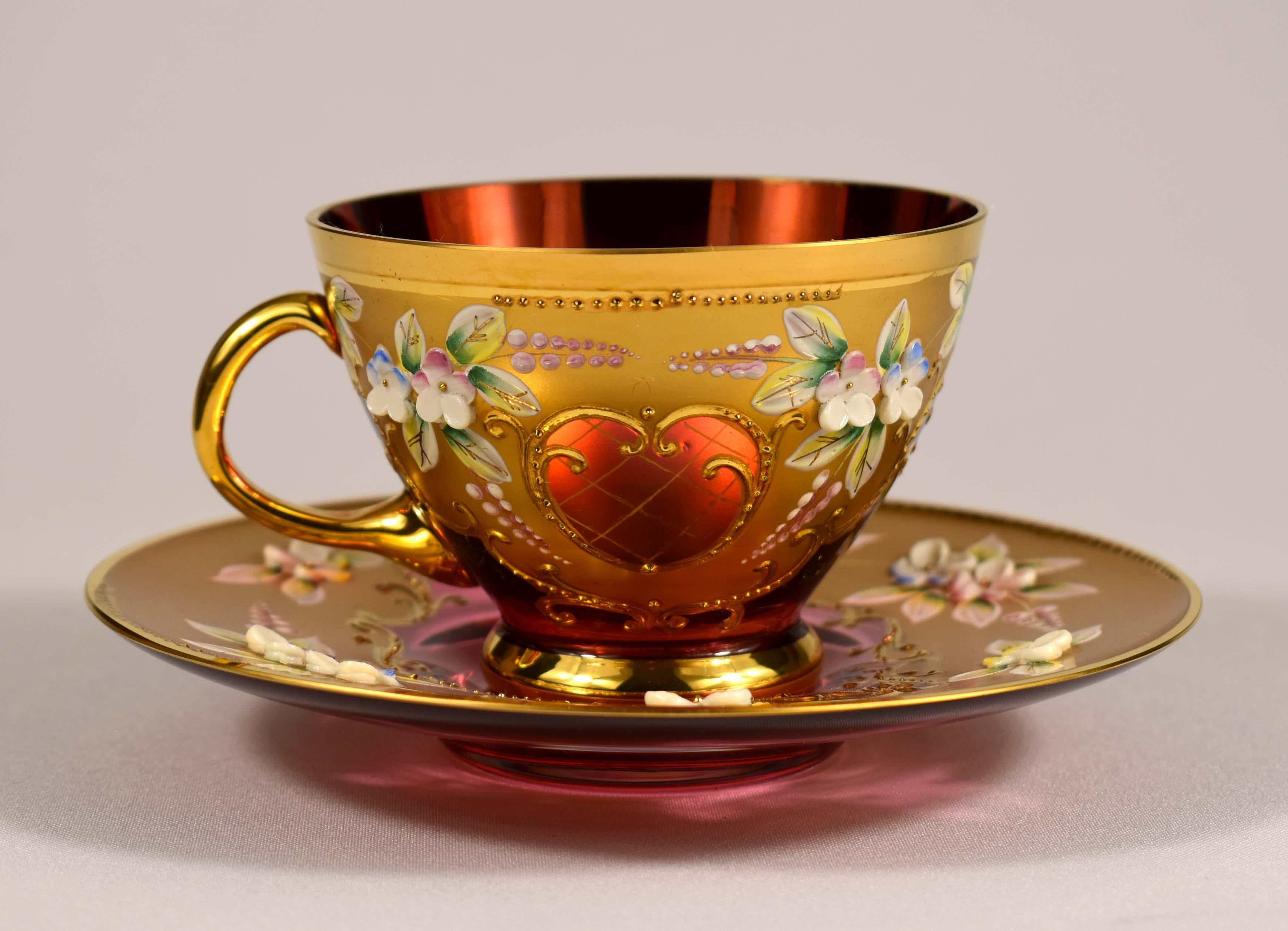 Tea set-Original-Ruby glass-Painting- High Enamel-Gilded-Crystalex  20th century For Sale 12