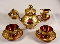 Tea set-Original-Ruby glass-Painting- High Enamel-Gilded-Crystalex  20th century