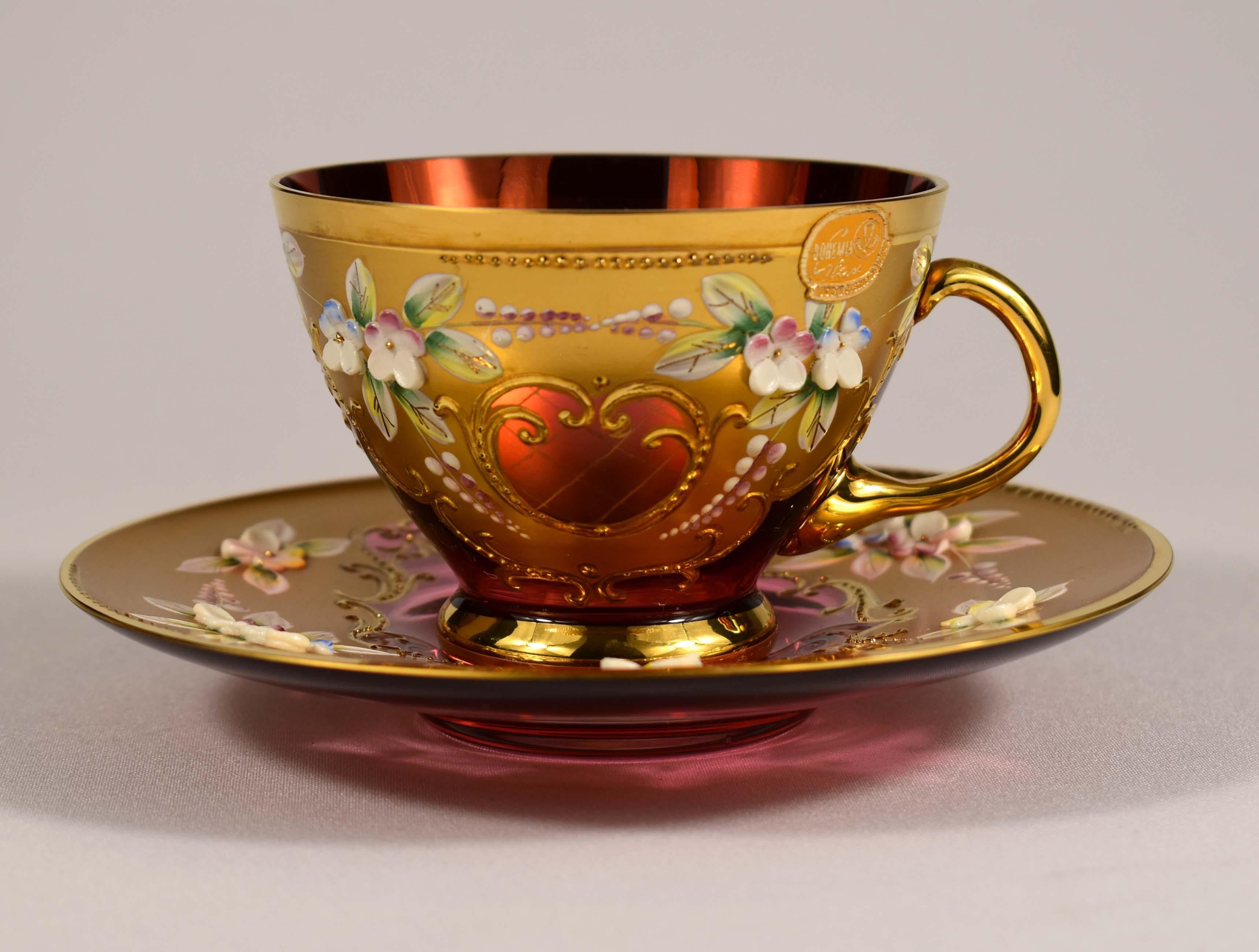 Tea set-Original-Ruby glass-Painting- High Enamel-Gilded-Crystalex  20th century For Sale 13