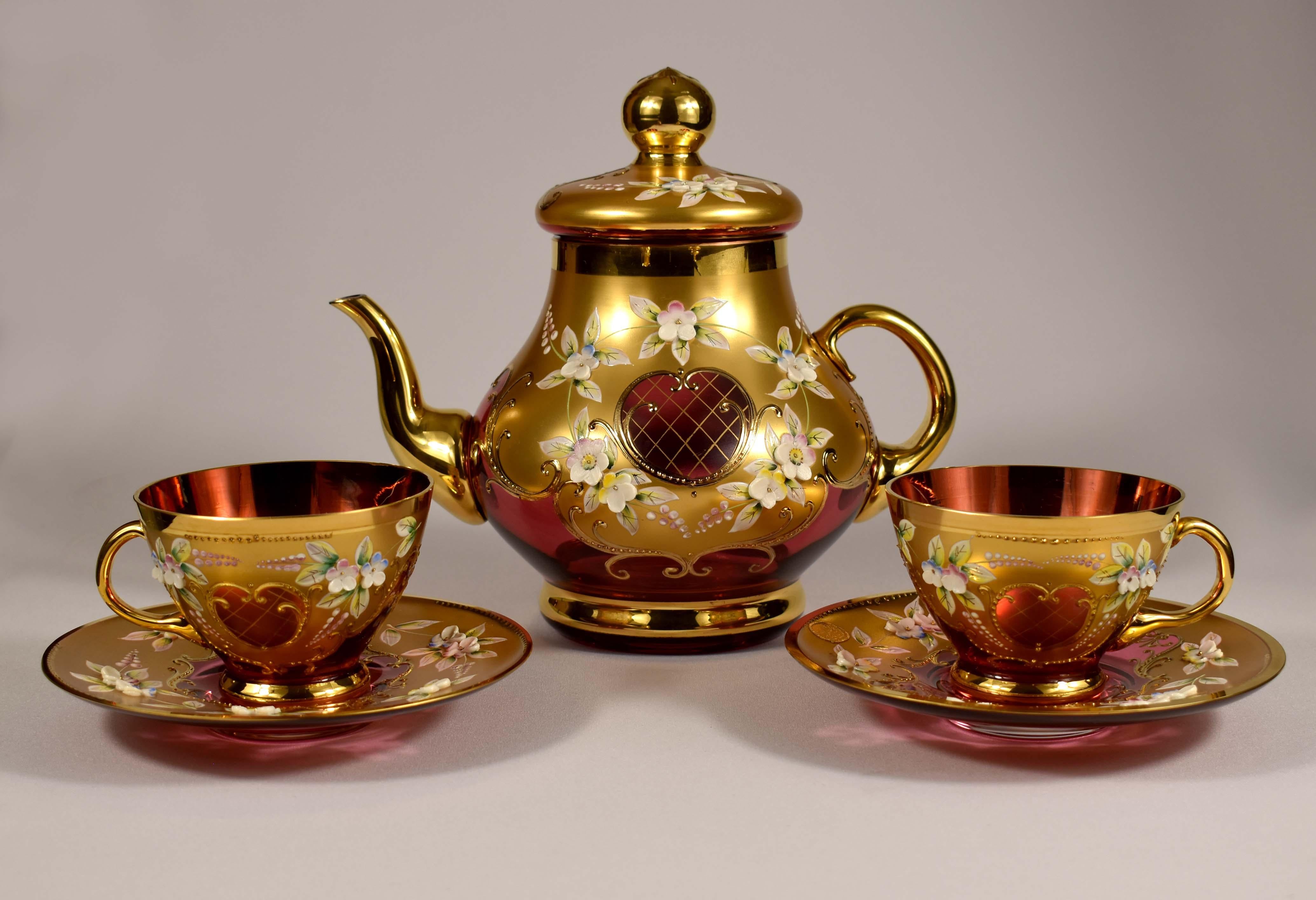 European Tea set-Original-Ruby glass-Painting- High Enamel-Gilded-Crystalex  20th century For Sale